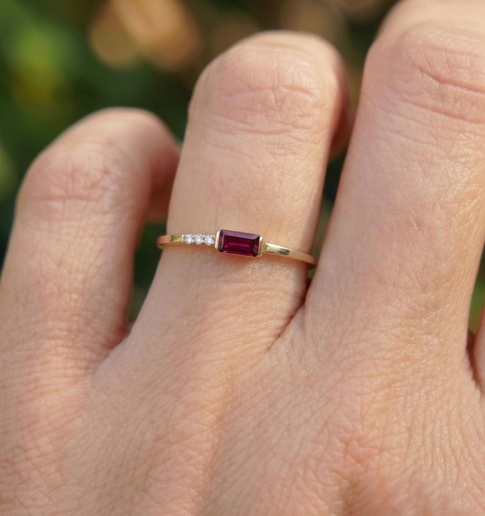 Dainty Baguette Ruby Ring, Minimalist July Birthstone Ring, Personalized Red Gemstone Gift for Her, Mother's Day Gift