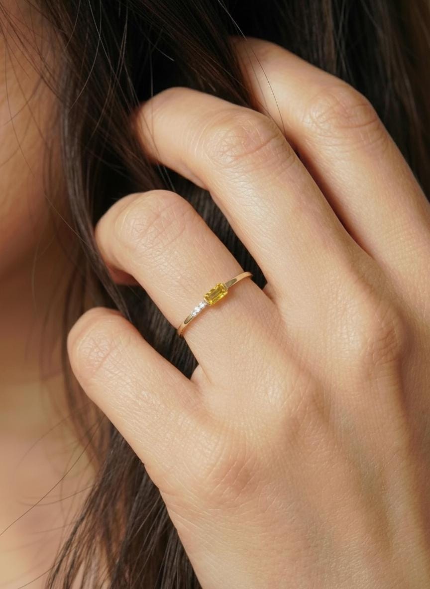 Dainty Baguette Yellow Sapphire Ring, Minimalist Sweet 16 Jewelry Stackable Ring Birthstone Gifts