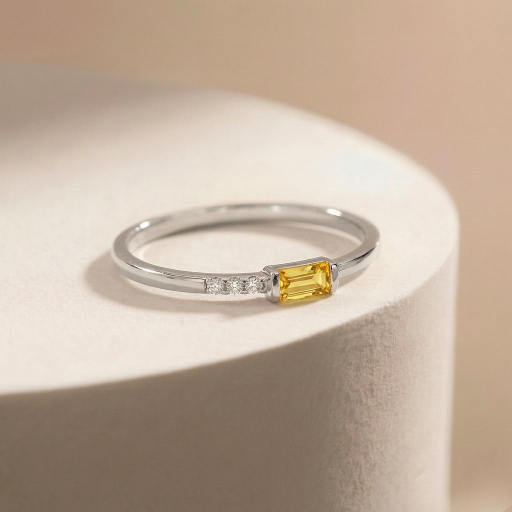 Dainty Baguette Yellow Sapphire Ring, Minimalist Sweet 16 Jewelry Stackable Ring Birthstone Gifts