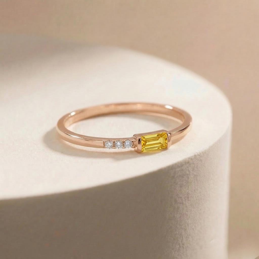 Dainty Baguette Yellow Sapphire Ring, Minimalist Sweet 16 Jewelry Stackable Ring Birthstone Gifts