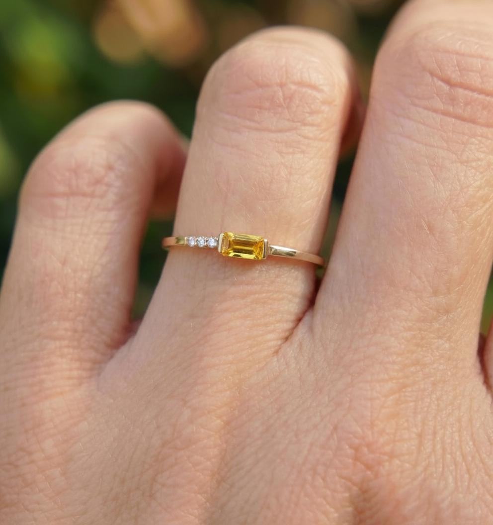 Dainty Baguette Yellow Sapphire Ring, Minimalist Sweet 16 Jewelry Stackable Ring Birthstone Gifts