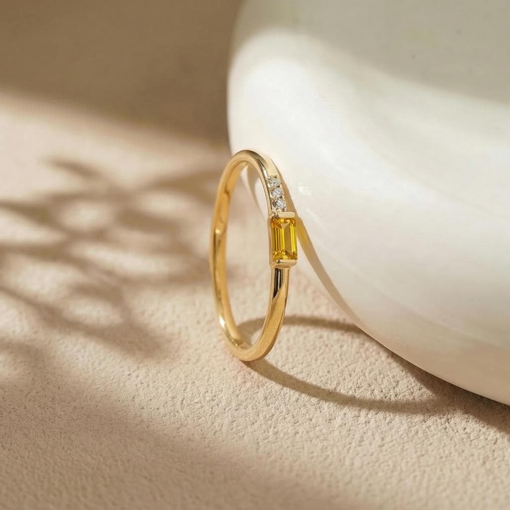Dainty Baguette Yellow Sapphire Ring, Minimalist Sweet 16 Jewelry Stackable Ring Birthstone Gifts