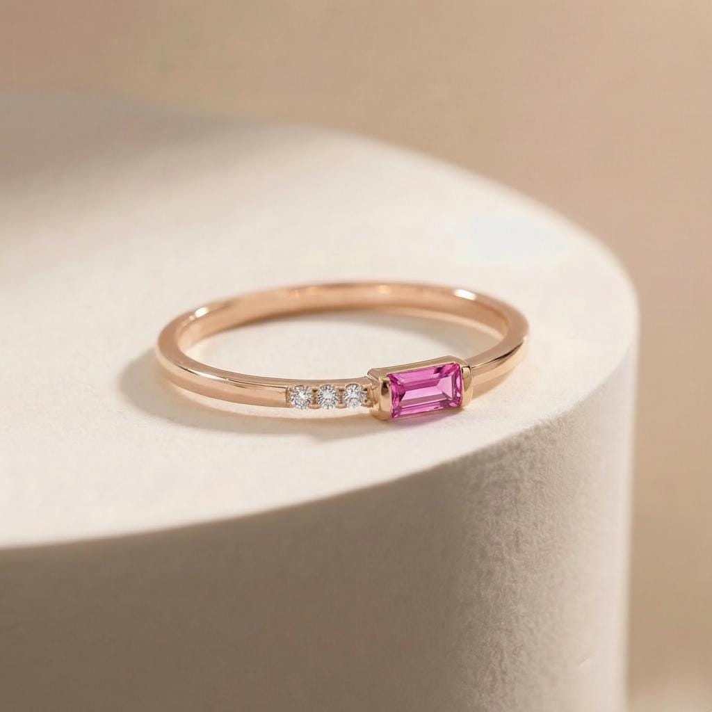 Dainty Baguette Pink Sapphire Ring, Minimalist Sweet 16 Jewelry Stackable Ring September Birthstone Gift for Daughter
