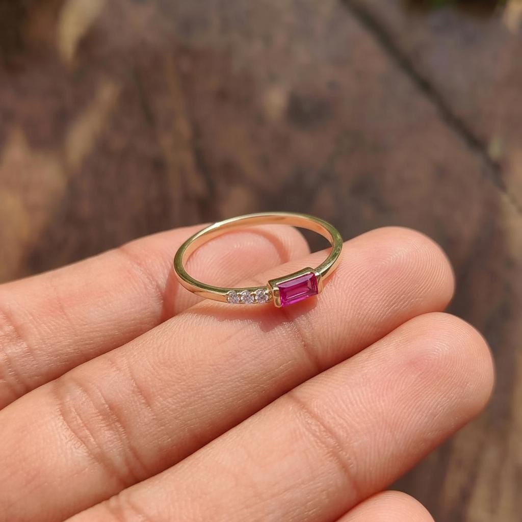 Dainty Baguette Pink Sapphire Ring, Minimalist Sweet 16 Jewelry Stackable Ring September Birthstone Gift for Daughter