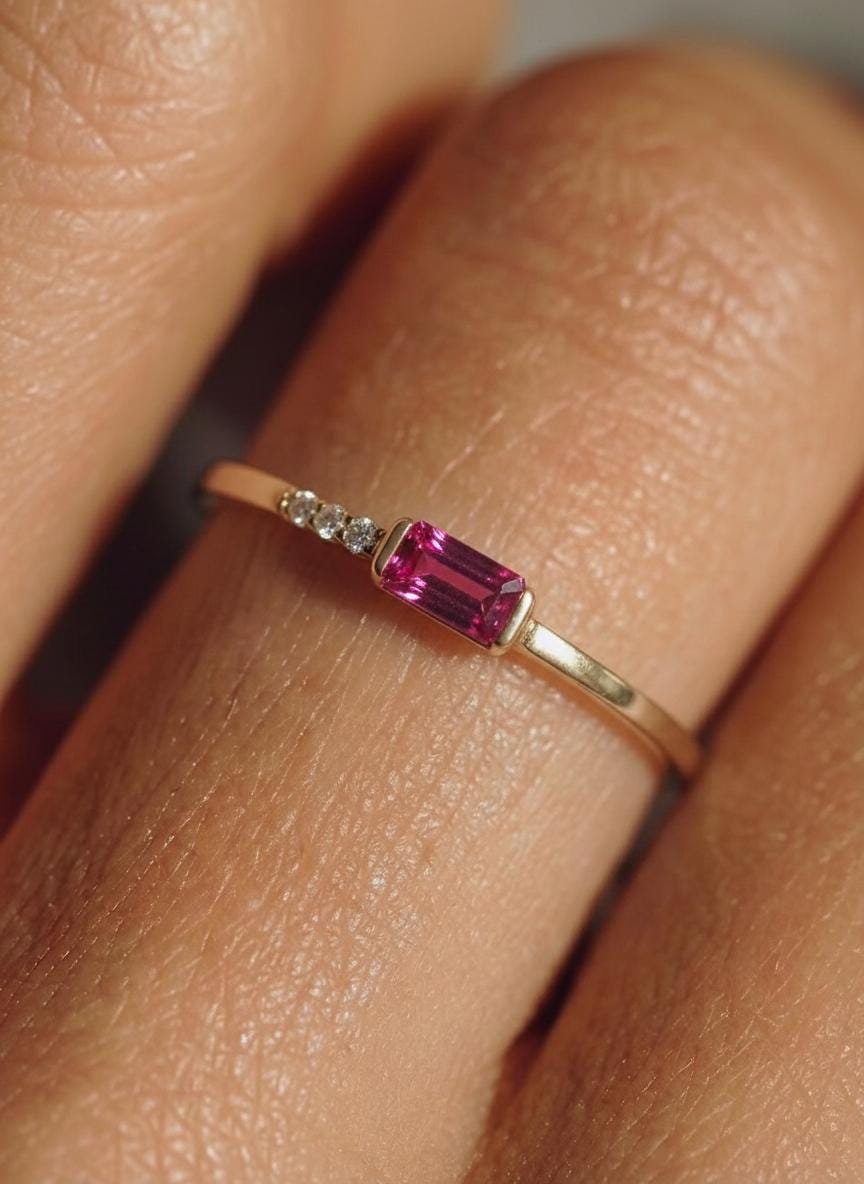 Dainty Baguette Pink Sapphire Ring, Minimalist Sweet 16 Jewelry Stackable Ring September Birthstone Gift for Daughter