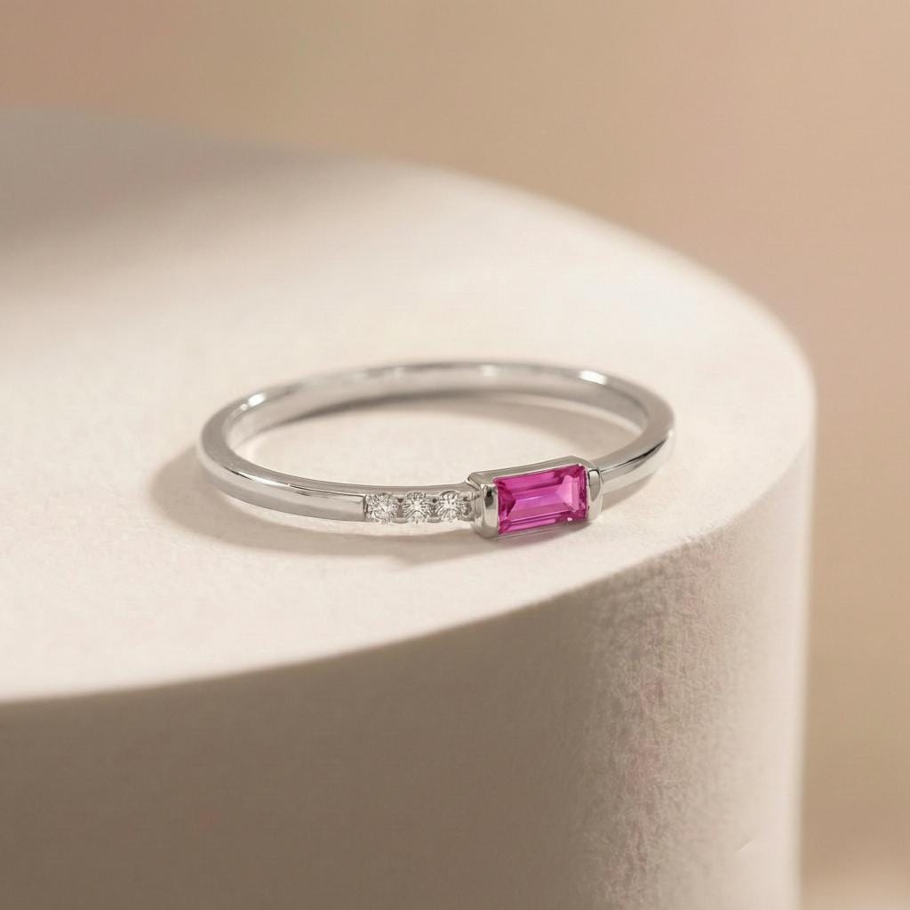 Dainty Baguette Padparadscha Sapphire Ring, Family Birthstone Ring Jewelry Stackable Ring Birthstone Gifts