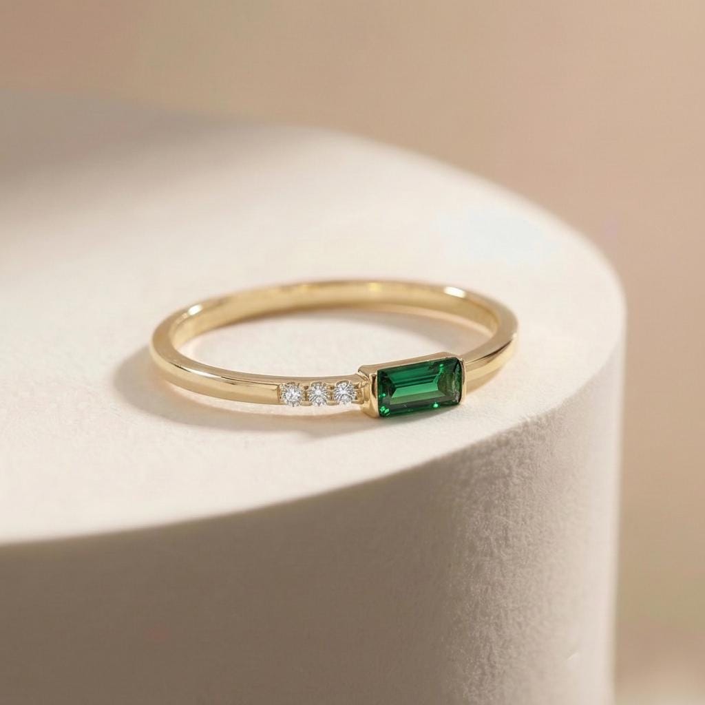 Dainty Baguette Green Sapphire Ring, Minimalist Birthstone Stacking Ring, September Birthstone Ring