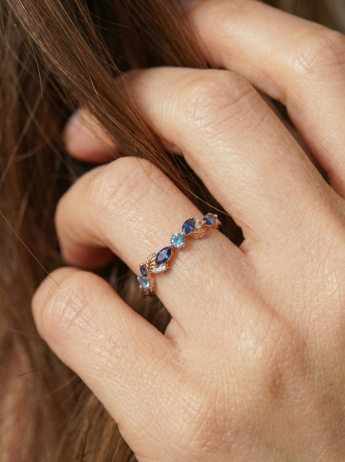 Nature Inspired Sapphire & Topaz Leaf Ring | Delicate Floral Diamond Accent Band | Unique Anniversary Stacking Ring for Her