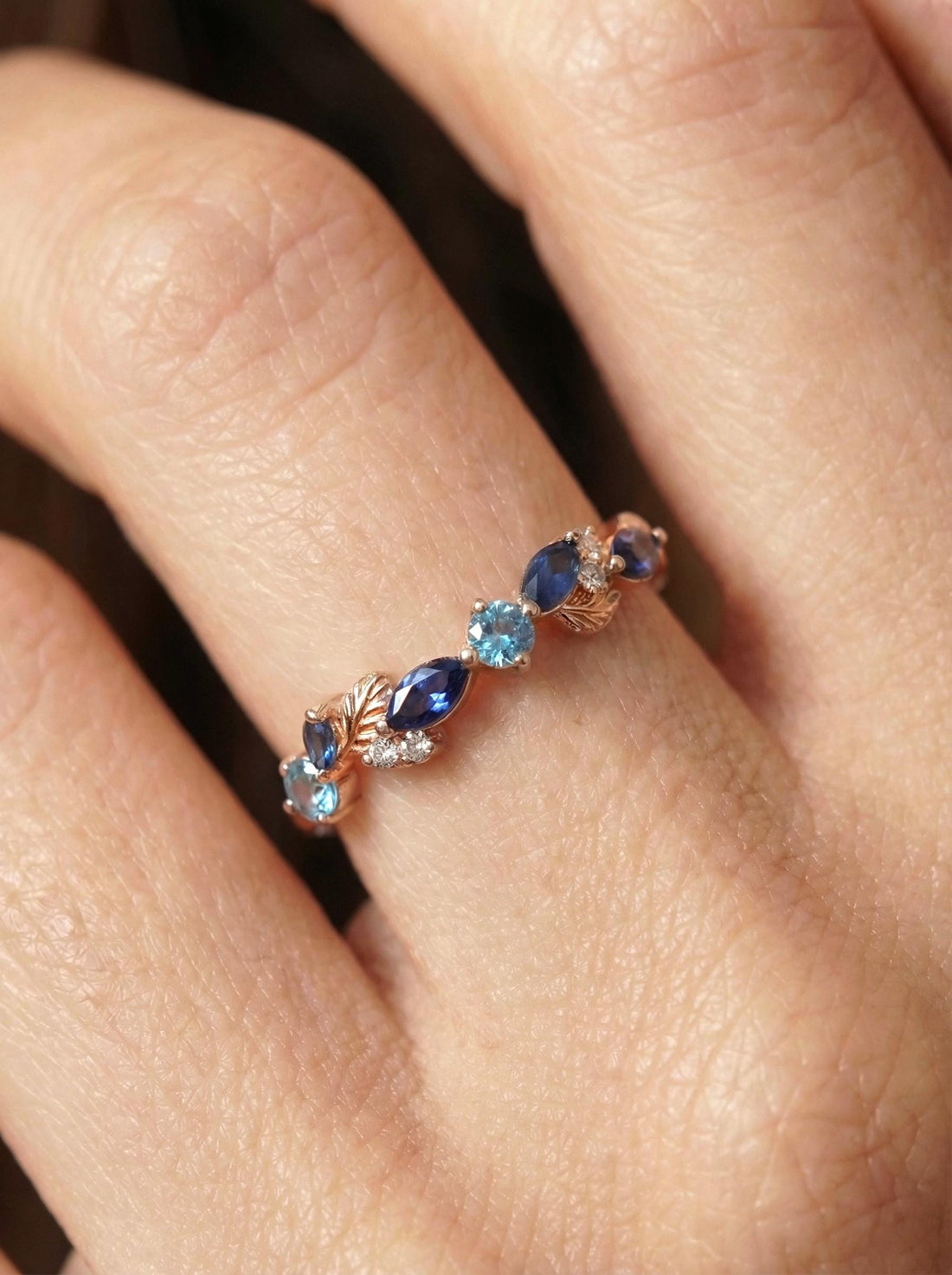 Nature Inspired Sapphire & Topaz Leaf Ring | Delicate Floral Diamond Accent Band | Unique Anniversary Stacking Ring for Her