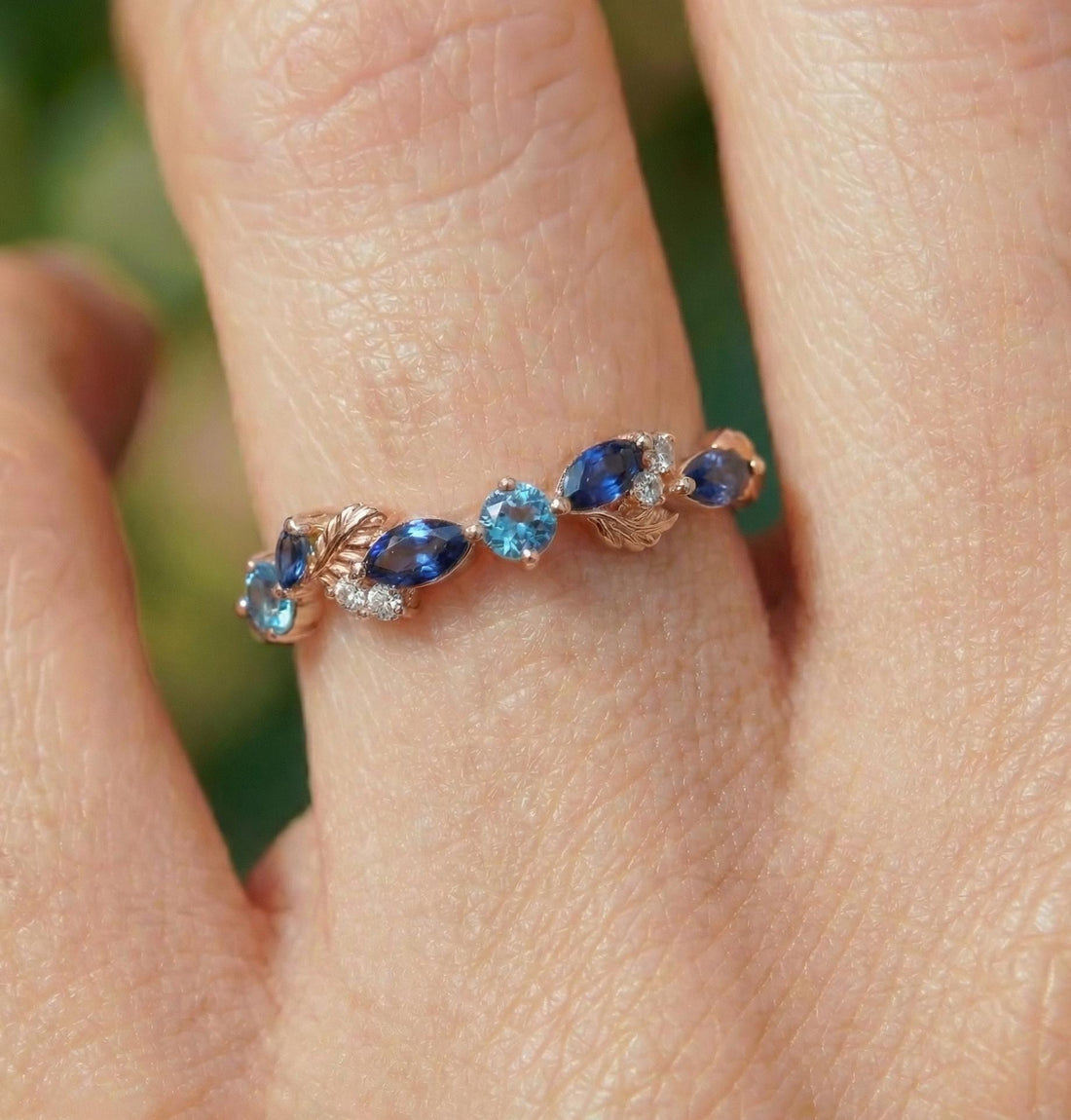 Nature Inspired Sapphire & Topaz Leaf Ring | Delicate Floral Diamond Accent Band | Unique Anniversary Stacking Ring for Her