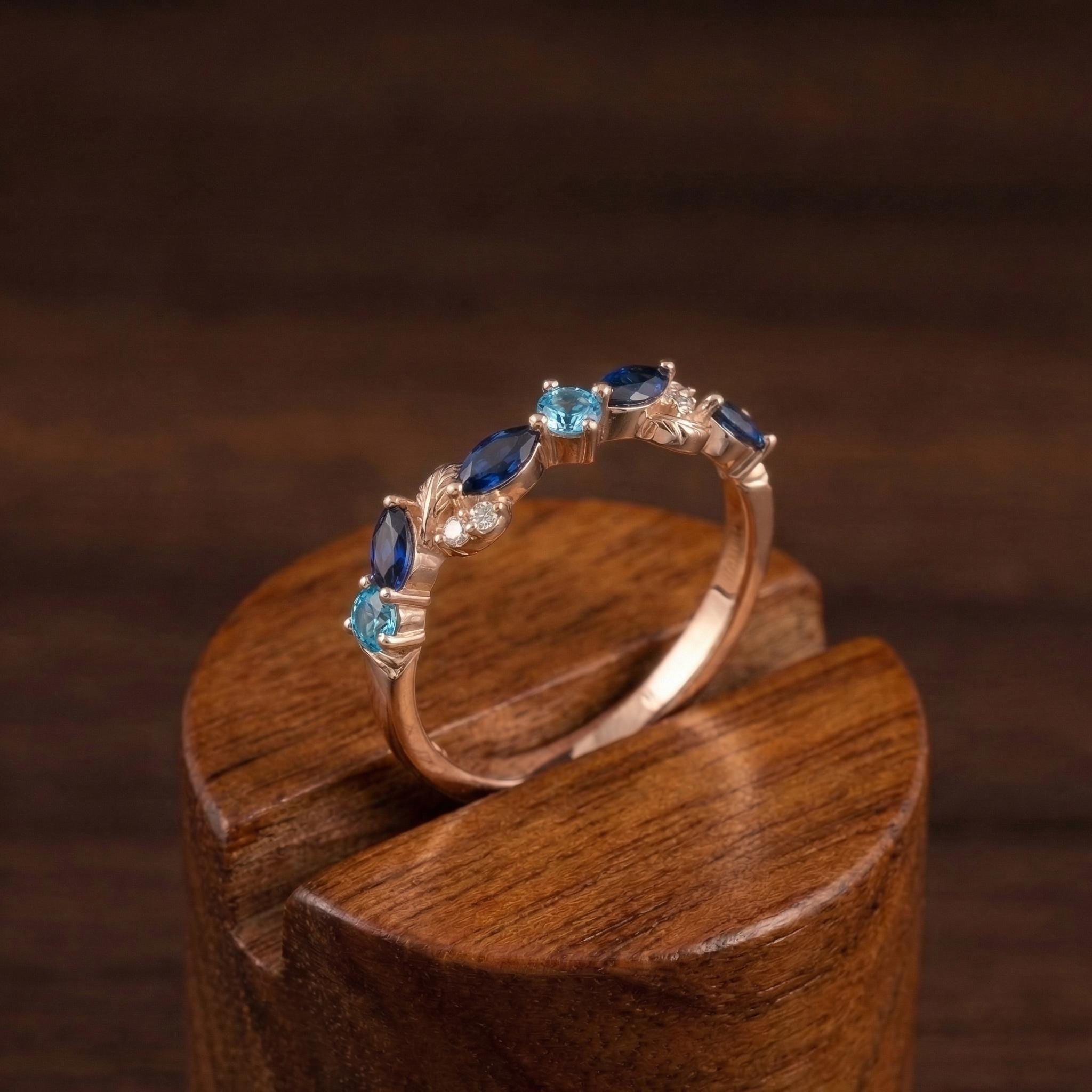 Nature Inspired Sapphire & Topaz Leaf Ring | Delicate Floral Diamond Accent Band | Unique Anniversary Stacking Ring for Her