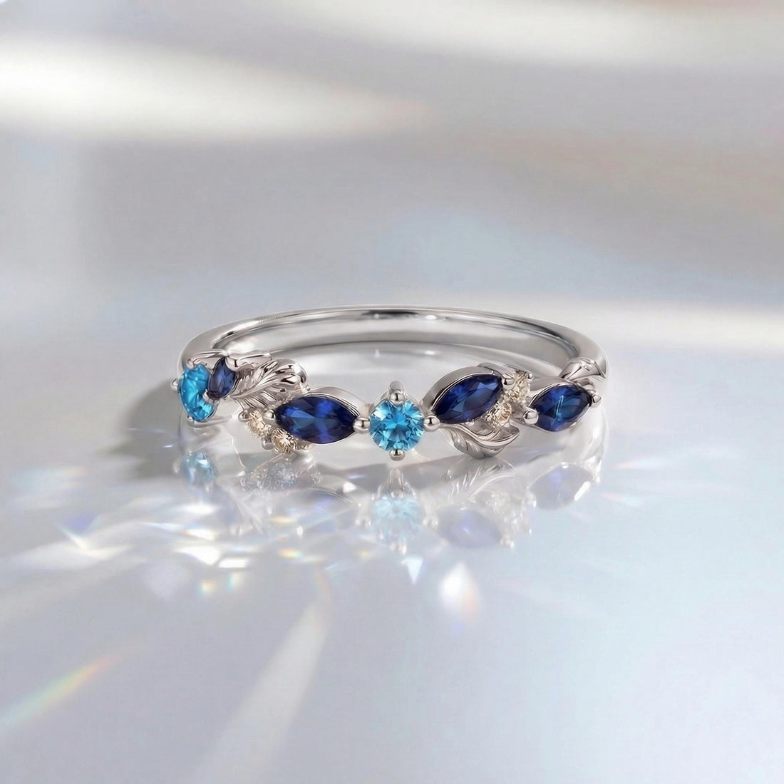 Nature Inspired Sapphire & Topaz Leaf Ring | Delicate Floral Diamond Accent Band | Unique Anniversary Stacking Ring for Her