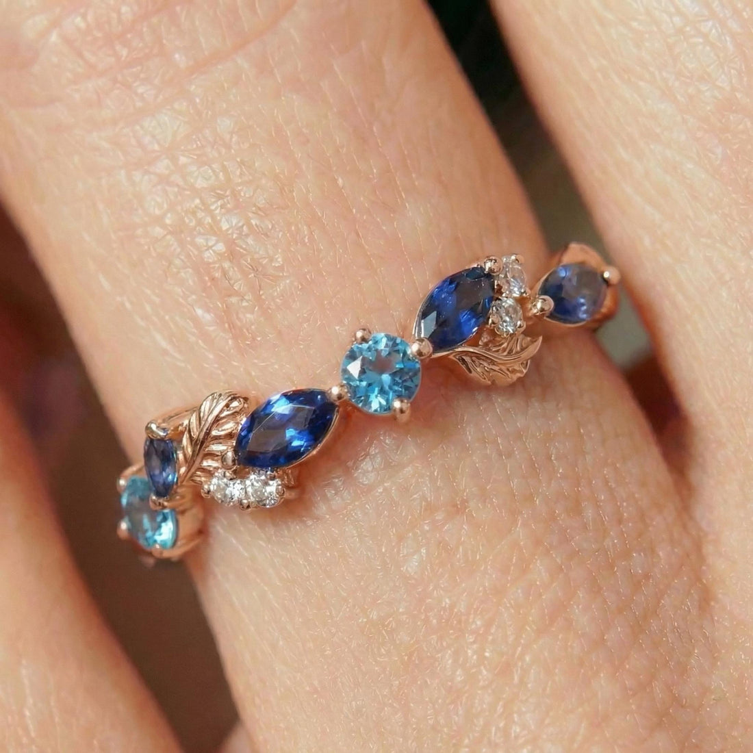 Nature Inspired Sapphire & Topaz Leaf Ring | Delicate Floral Diamond Accent Band | Unique Anniversary Stacking Ring for Her