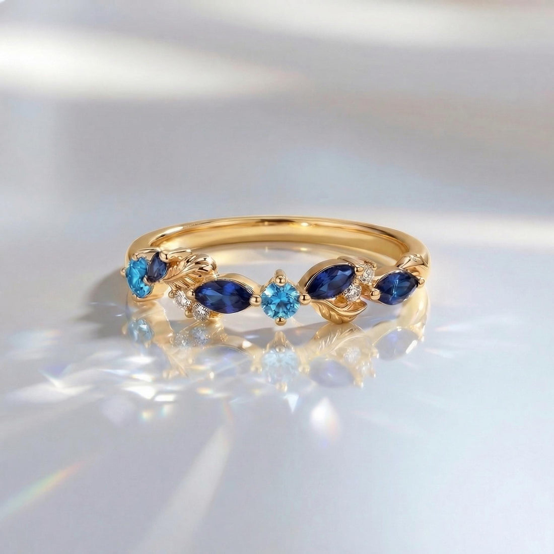 Nature Inspired Sapphire & Topaz Leaf Ring | Delicate Floral Diamond Accent Band | Unique Anniversary Stacking Ring for Her