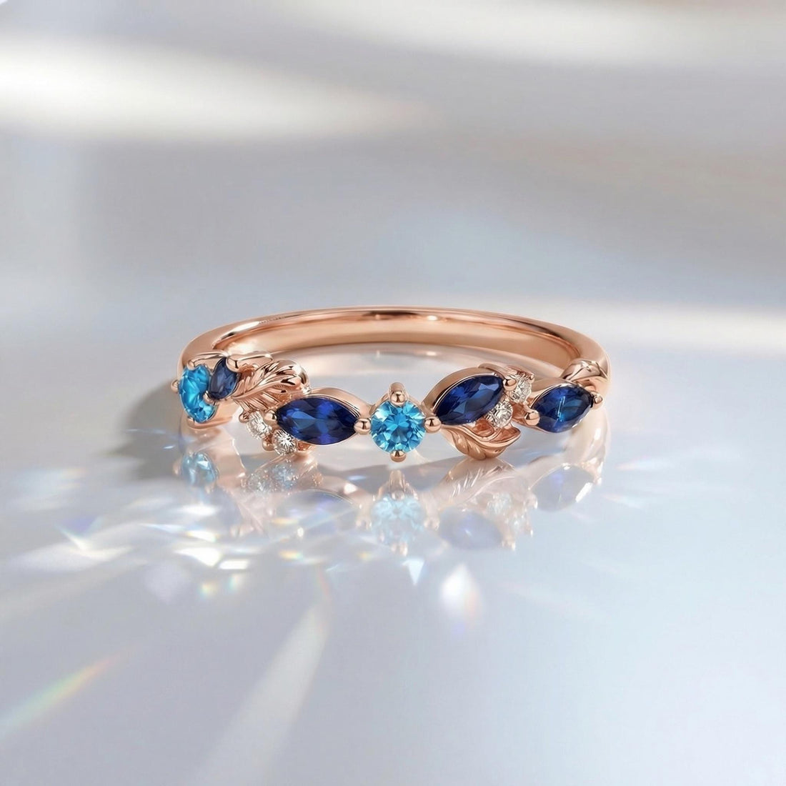 Nature Inspired Sapphire & Topaz Leaf Ring | Delicate Floral Diamond Accent Band | Unique Anniversary Stacking Ring for Her