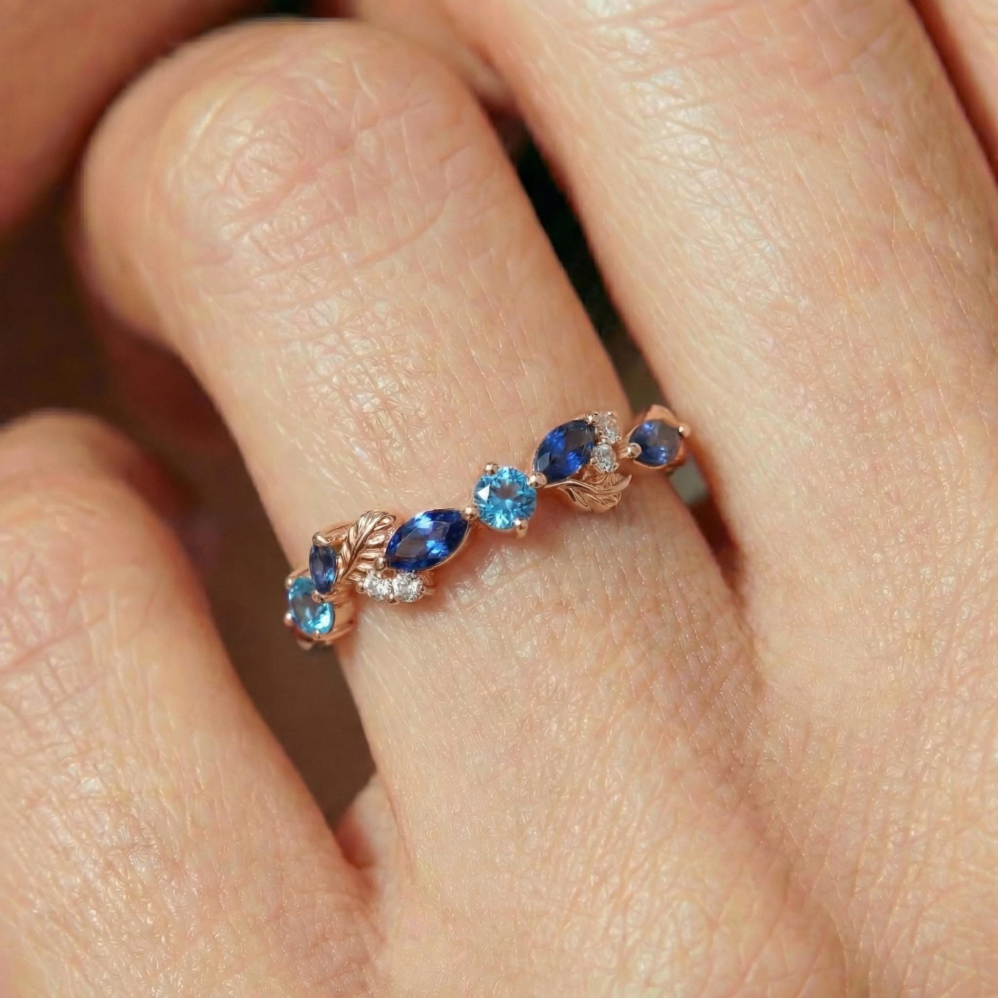 Nature Inspired Sapphire & Topaz Leaf Ring | Delicate Floral Diamond Accent Band | Unique Anniversary Stacking Ring for Her