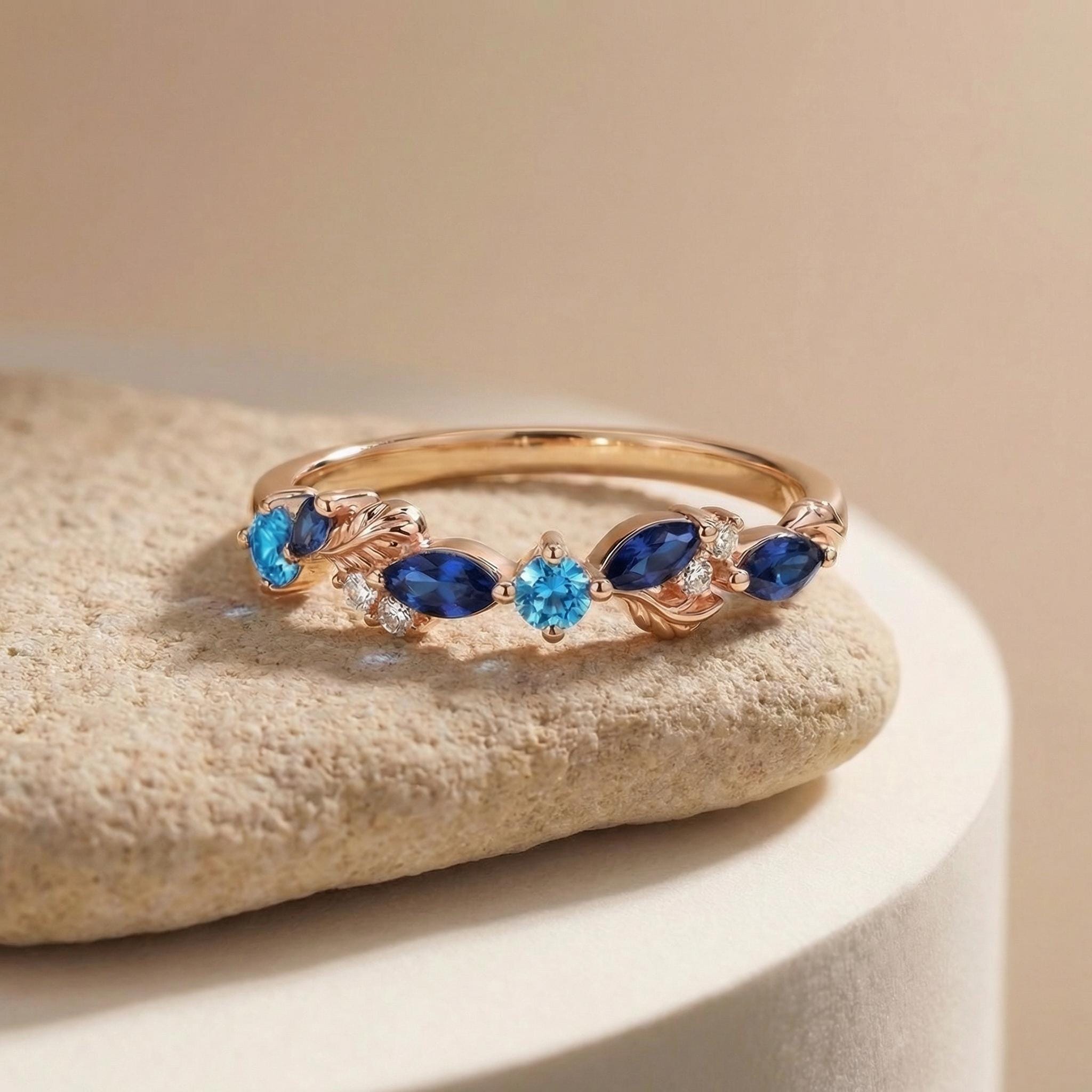 Nature Inspired Sapphire & Topaz Leaf Ring | Delicate Floral Diamond Accent Band | Unique Anniversary Stacking Ring for Her
