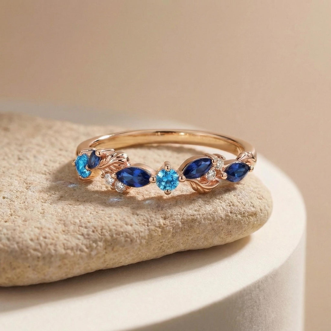 Nature Inspired Sapphire & Topaz Leaf Ring | Delicate Floral Diamond Accent Band | Unique Anniversary Stacking Ring for Her