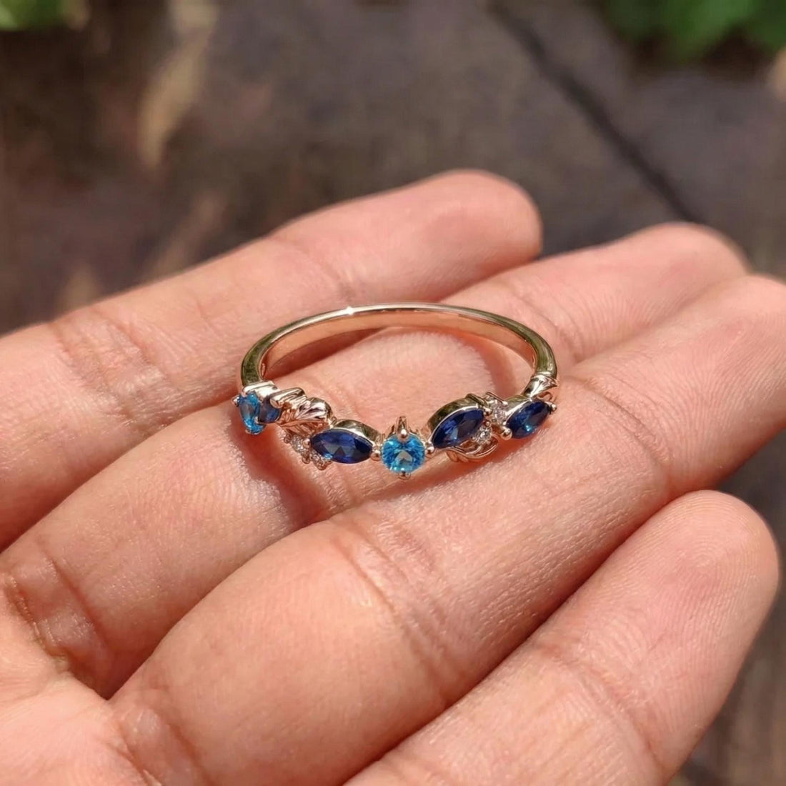 Nature Inspired Sapphire & Topaz Leaf Ring | Delicate Floral Diamond Accent Band | Unique Anniversary Stacking Ring for Her