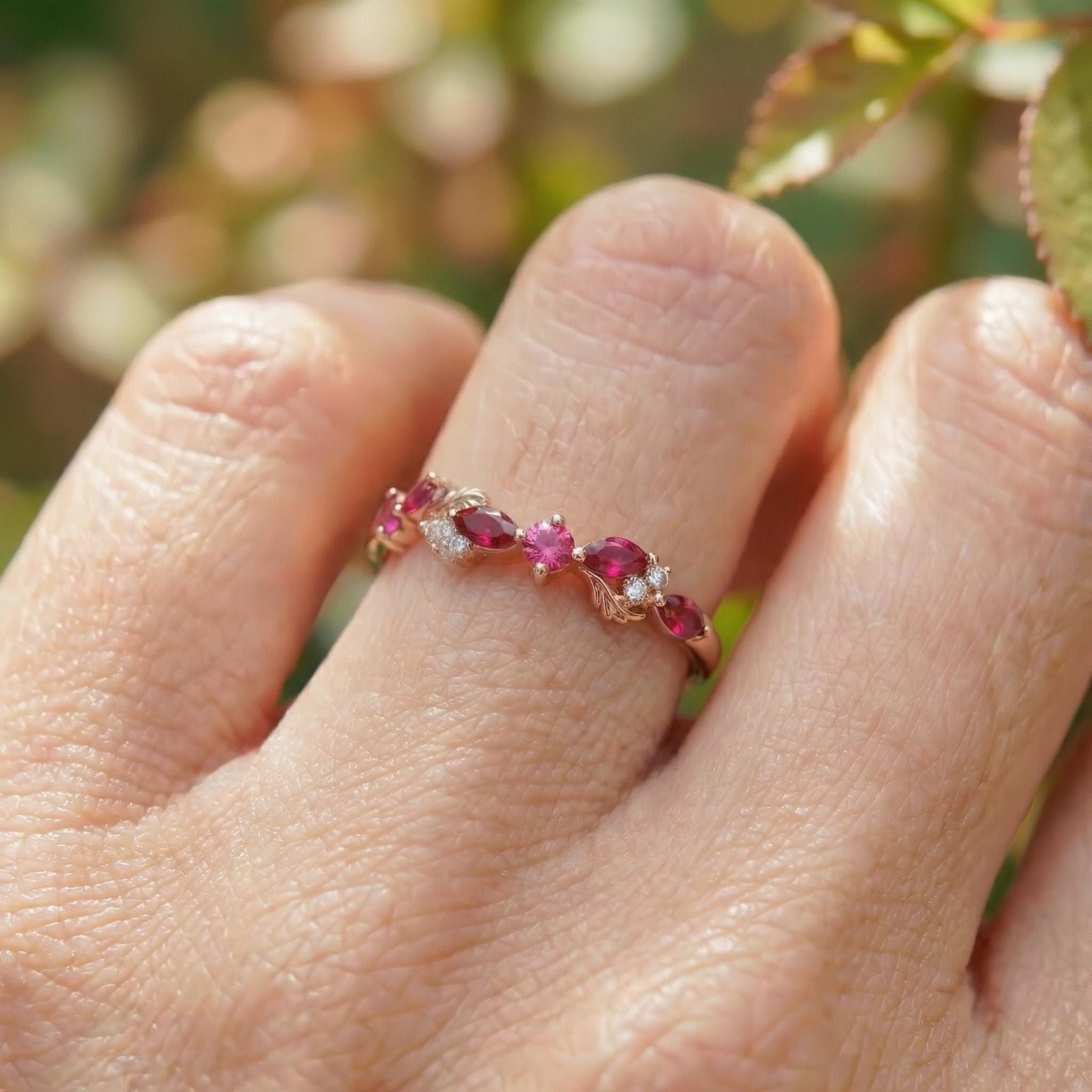 Nature Inspired Ruby & Pink Tourmaline Leaf Ring | Delicate Floral Diamond Accent Band | Unique Anniversary Stacking Ring for Her