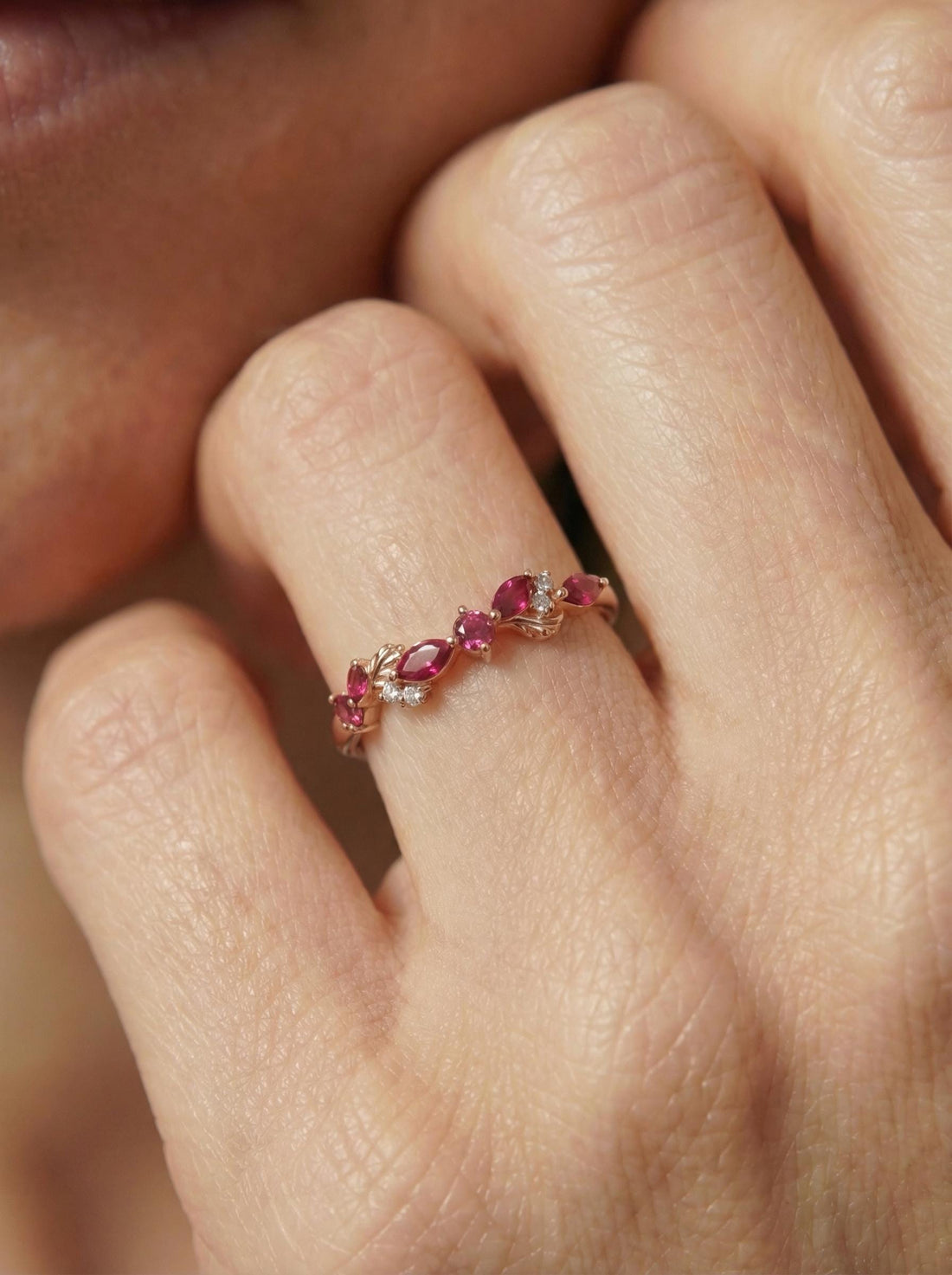 Nature Inspired Ruby & Pink Tourmaline Leaf Ring | Delicate Floral Diamond Accent Band | Unique Anniversary Stacking Ring for Her