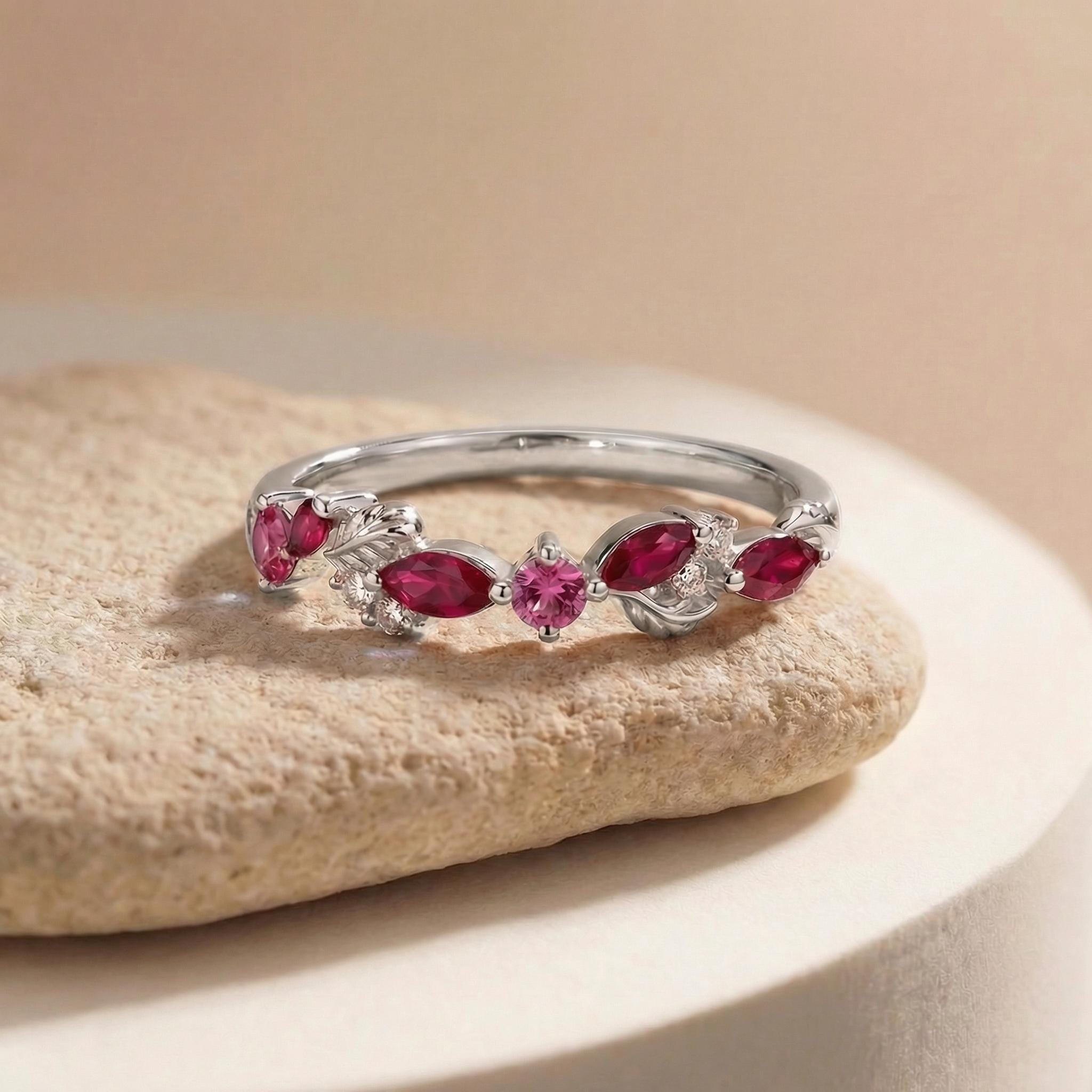 Nature Inspired Ruby & Pink Tourmaline Leaf Ring | Delicate Floral Diamond Accent Band | Unique Anniversary Stacking Ring for Her