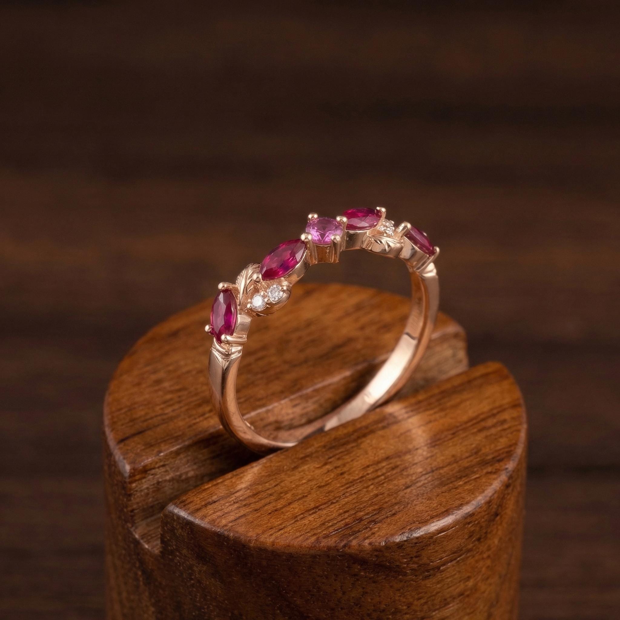 Nature Inspired Ruby & Pink Tourmaline Leaf Ring | Delicate Floral Diamond Accent Band | Unique Anniversary Stacking Ring for Her