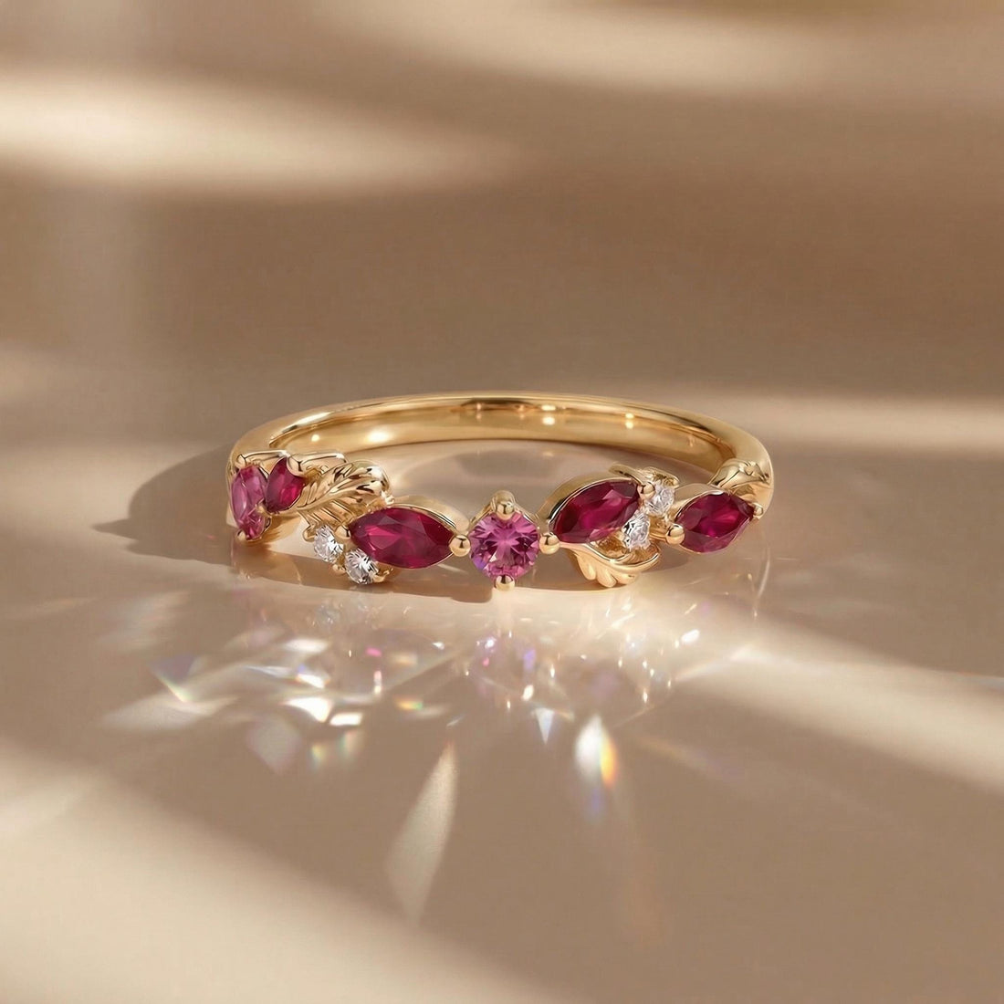 Nature Inspired Ruby & Pink Tourmaline Leaf Ring | Delicate Floral Diamond Accent Band | Unique Anniversary Stacking Ring for Her