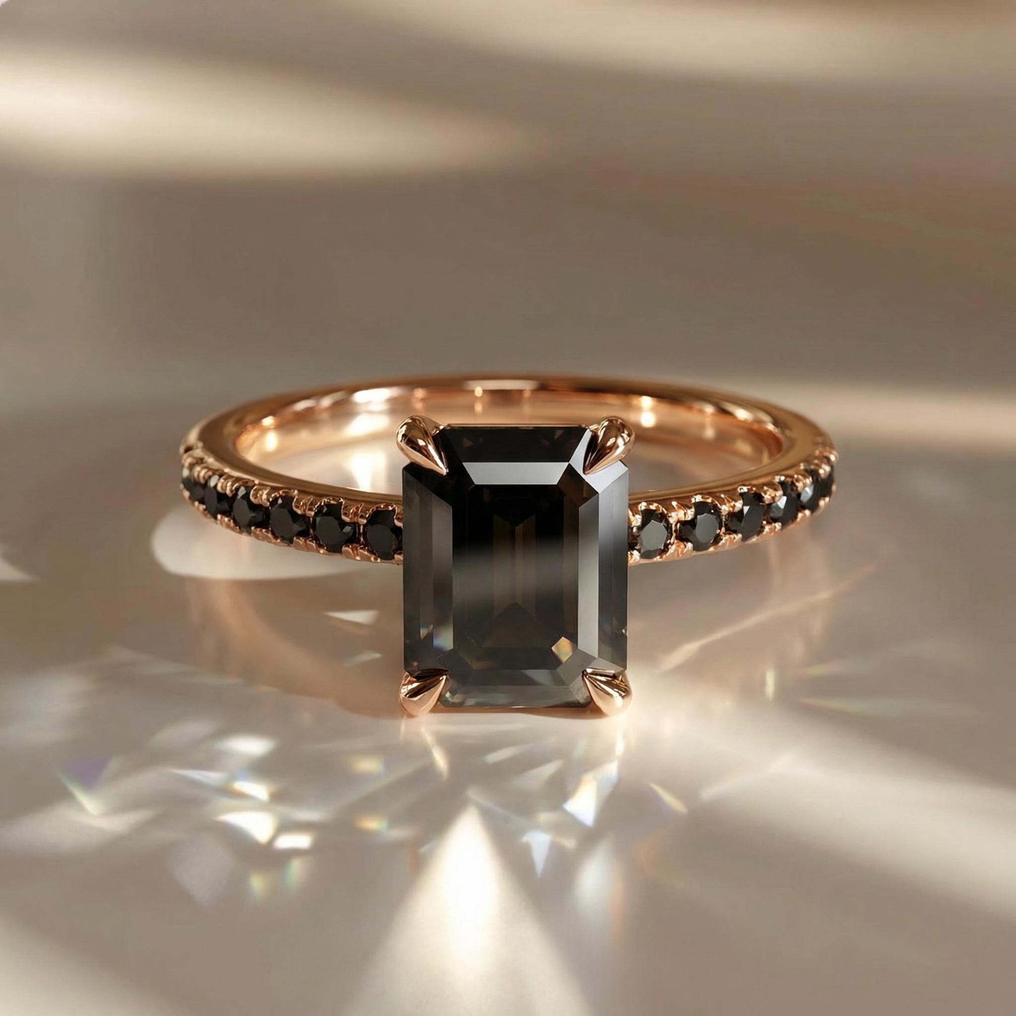 Emerald Cut Black Onyx Ring, Unique Black Engagement Ring, Minimalist Black Gemstone Ring, Rose Gold Onyx Ring, Alternative Bridal Ring
