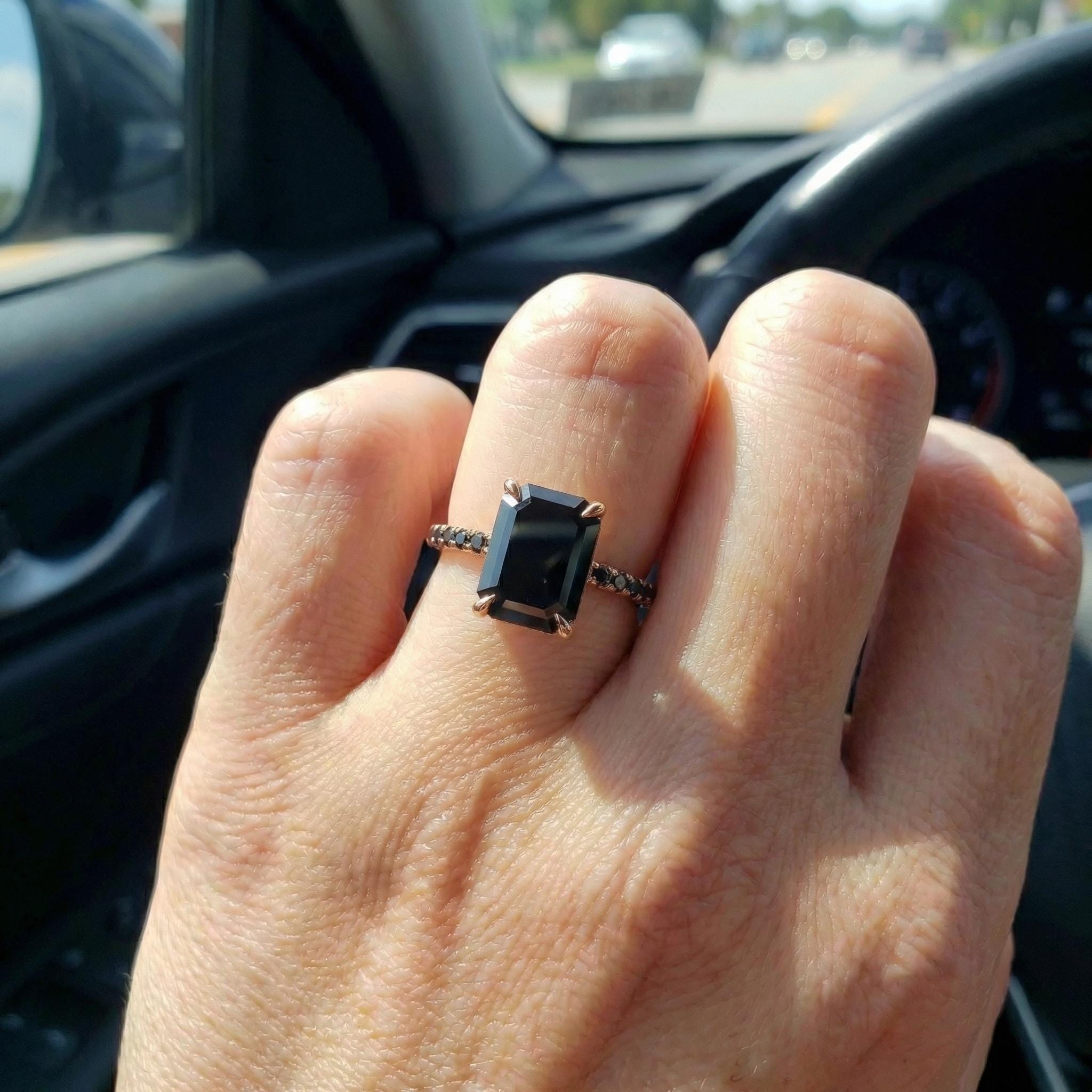 Emerald Cut Black Onyx Ring, Unique Black Engagement Ring, Minimalist Black Gemstone Ring, Rose Gold Onyx Ring, Alternative Bridal Ring
