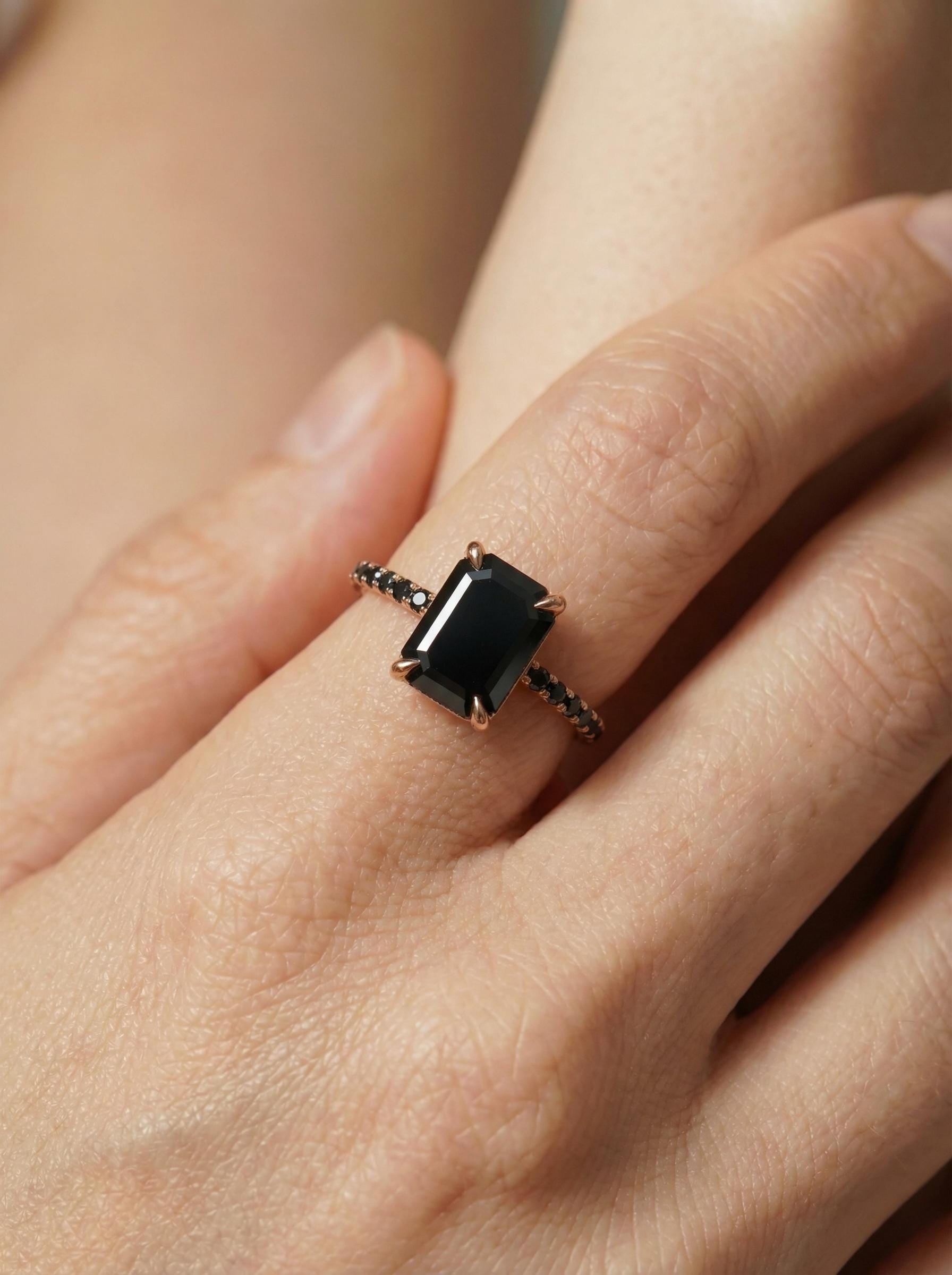 Emerald Cut Black Onyx Ring, Unique Black Engagement Ring, Minimalist Black Gemstone Ring, Rose Gold Onyx Ring, Alternative Bridal Ring