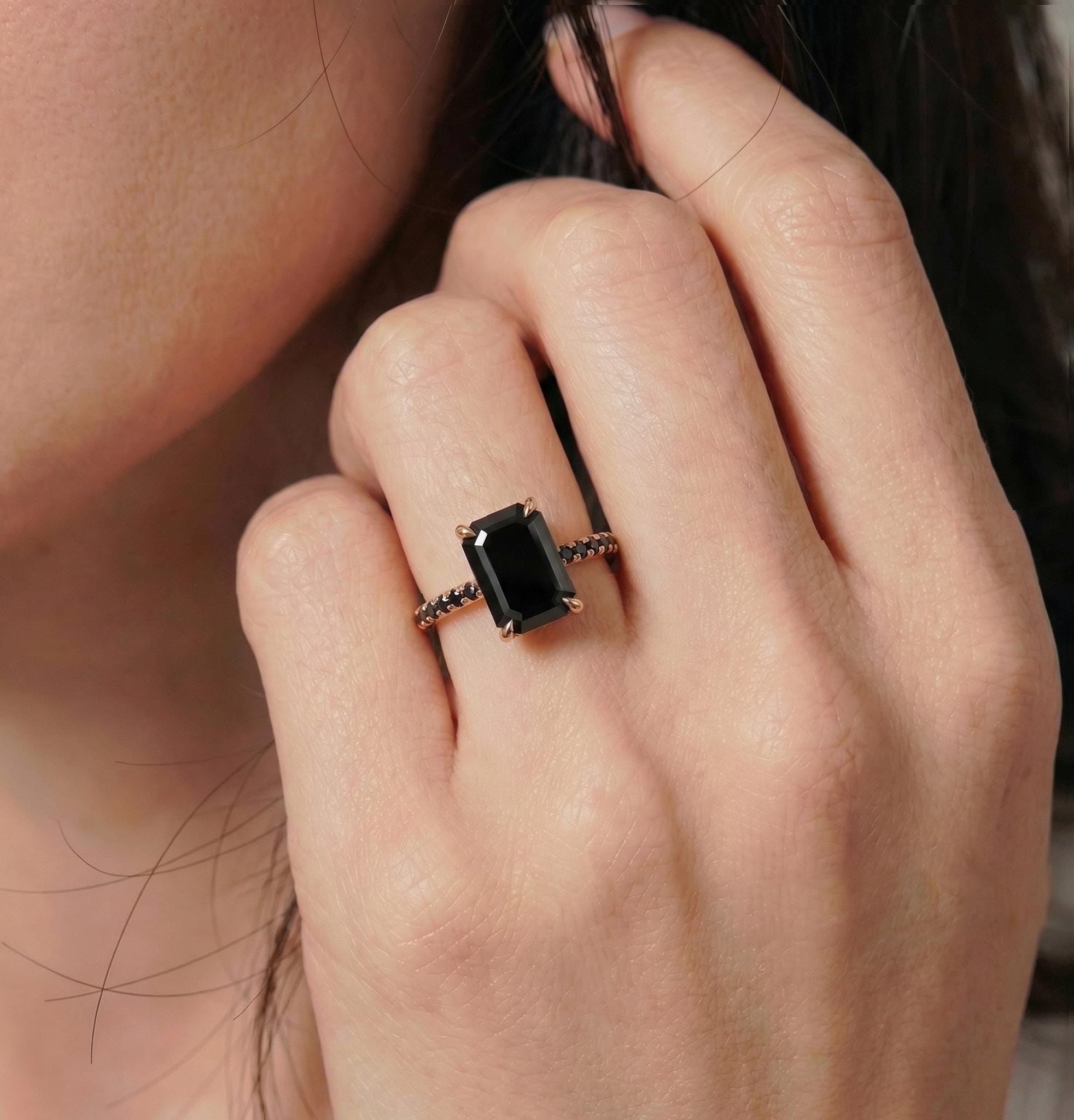 Emerald Cut Black Onyx Ring, Unique Black Engagement Ring, Minimalist Black Gemstone Ring, Rose Gold Onyx Ring, Alternative Bridal Ring
