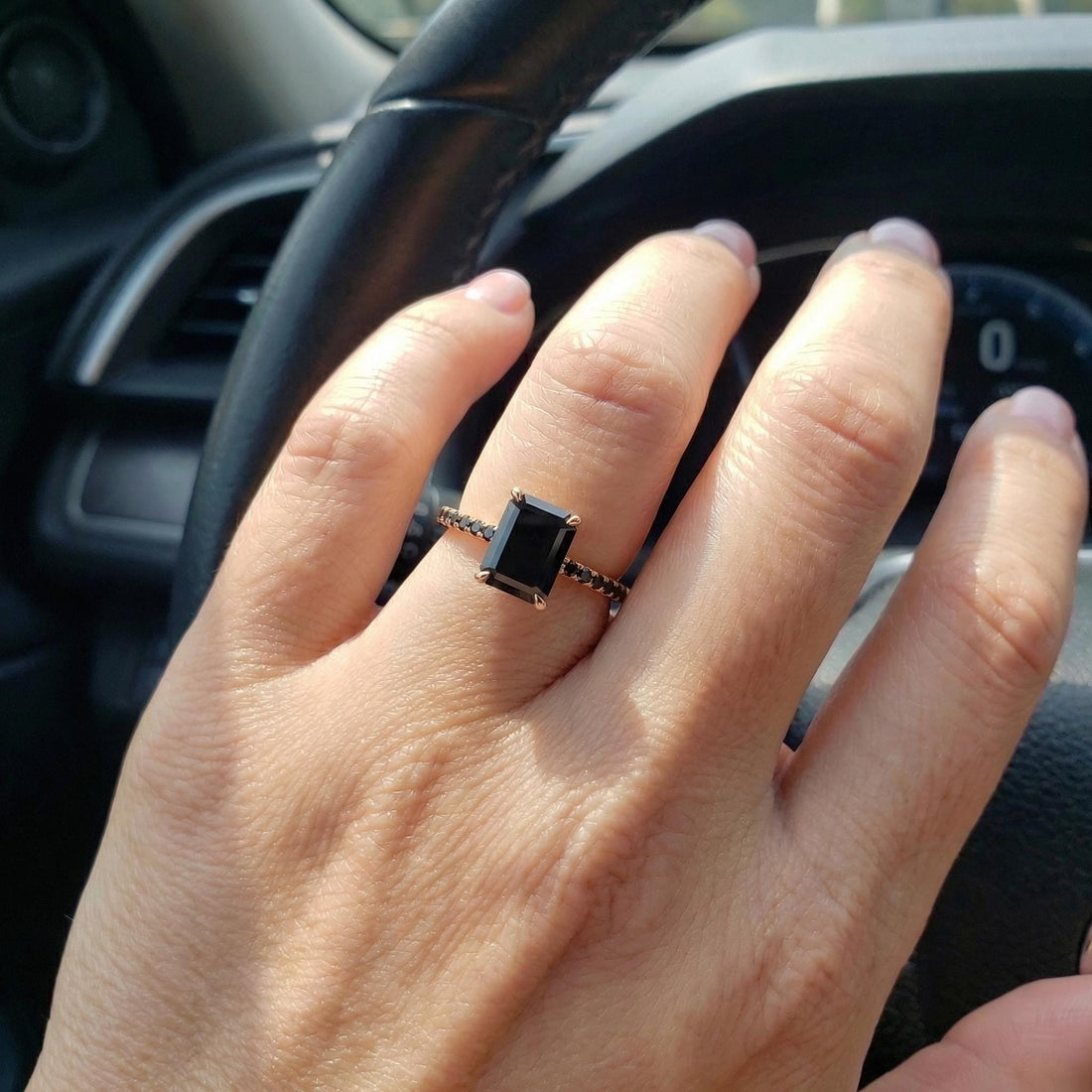 Emerald Cut Black Onyx Ring, Unique Black Engagement Ring, Minimalist Black Gemstone Ring, Rose Gold Onyx Ring, Alternative Bridal Ring