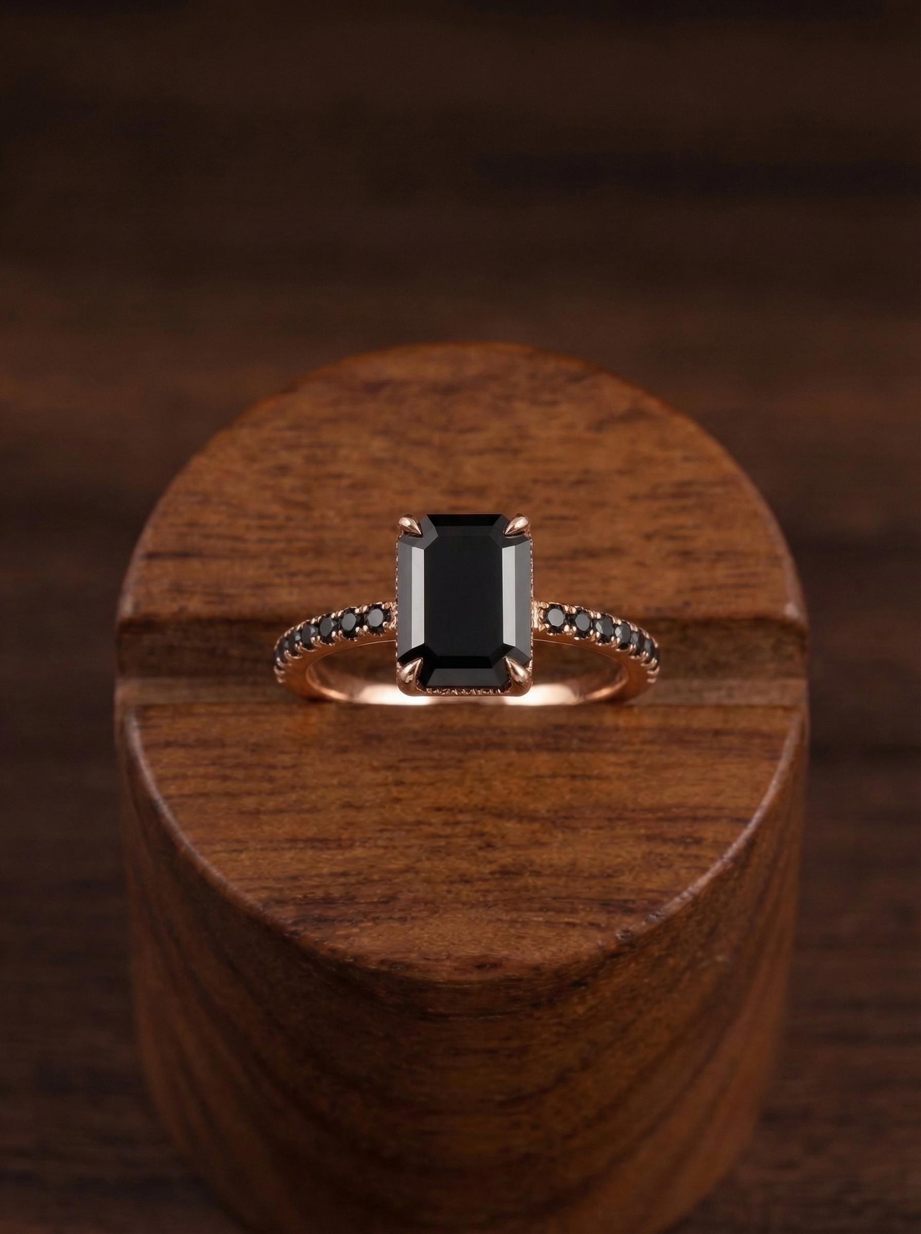 Emerald Cut Black Onyx Ring, Unique Black Engagement Ring, Minimalist Black Gemstone Ring, Rose Gold Onyx Ring, Alternative Bridal Ring