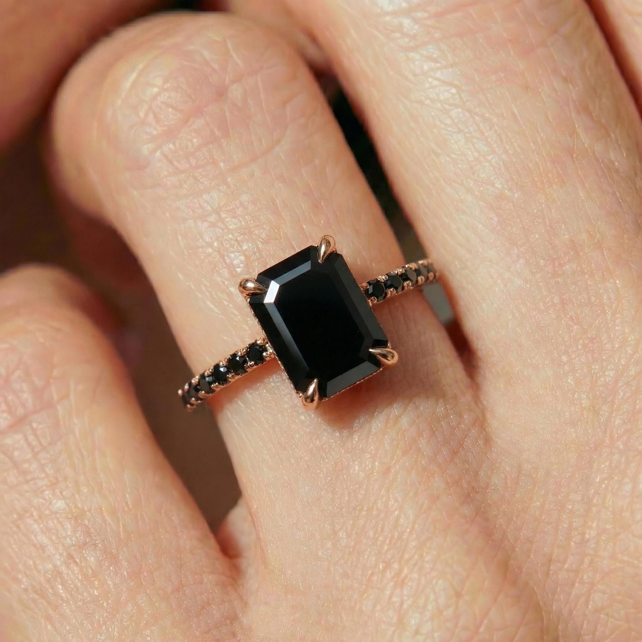 Emerald Cut Black Onyx Ring, Unique Black Engagement Ring, Minimalist Black Gemstone Ring, Rose Gold Onyx Ring, Alternative Bridal Ring