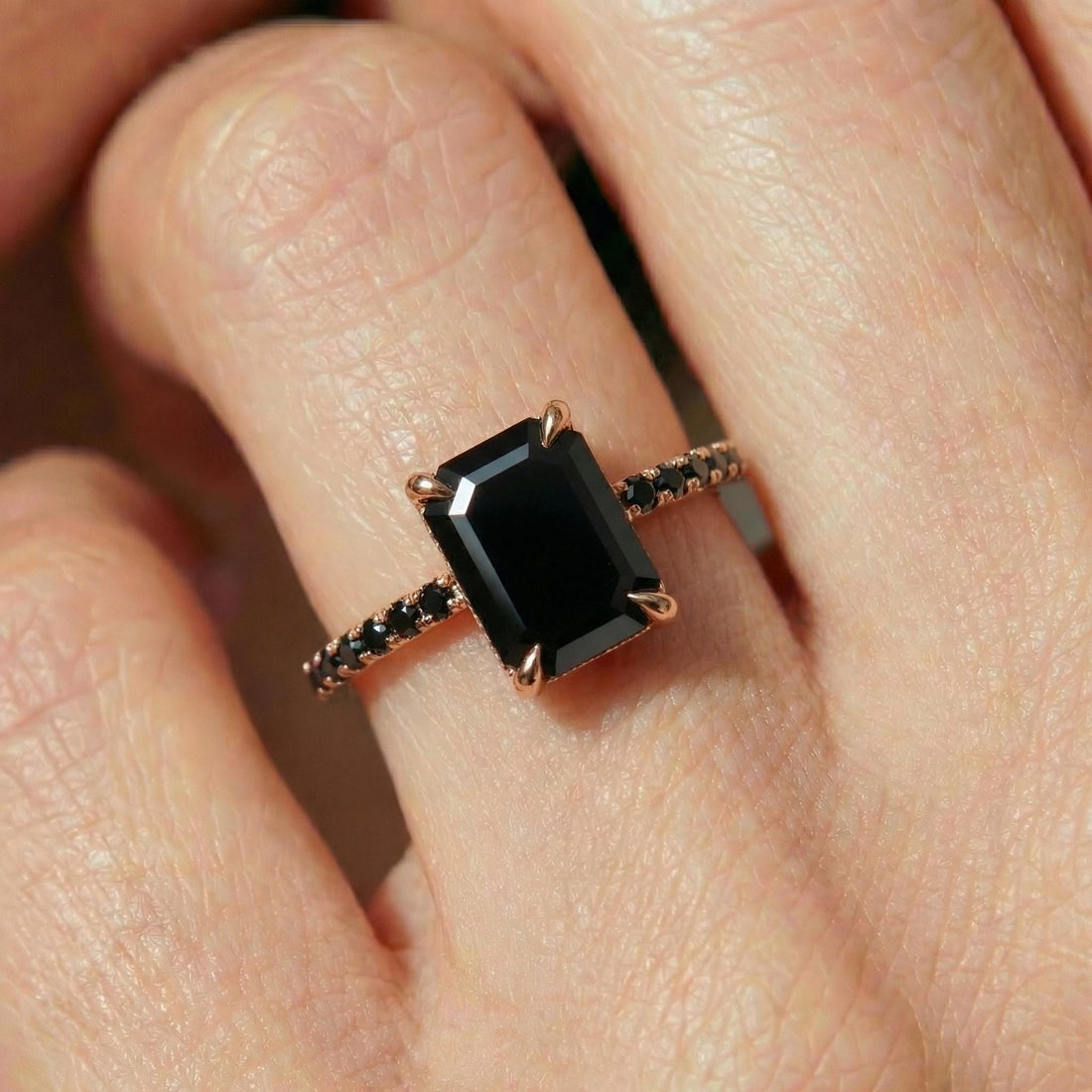 Emerald Cut Black Onyx Ring, Unique Black Engagement Ring, Minimalist Black Gemstone Ring, Rose Gold Onyx Ring, Alternative Bridal Ring