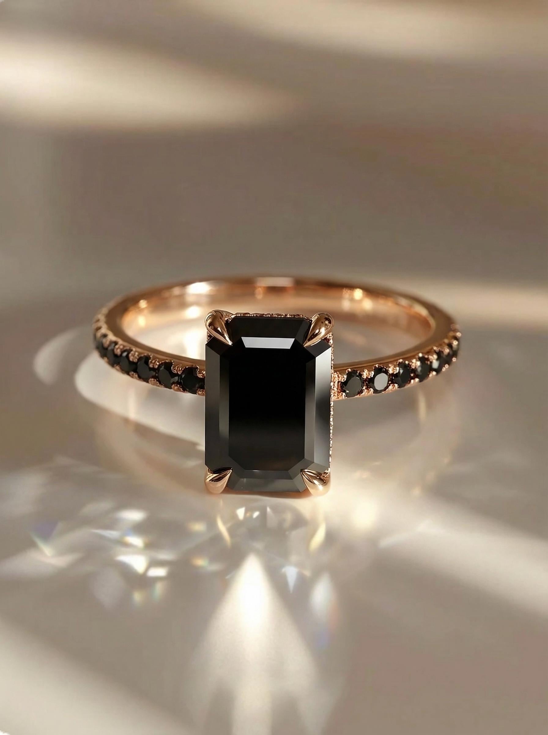 Emerald Cut Black Onyx Ring, Unique Black Engagement Ring, Minimalist Black Gemstone Ring, Rose Gold Onyx Ring, Alternative Bridal Ring