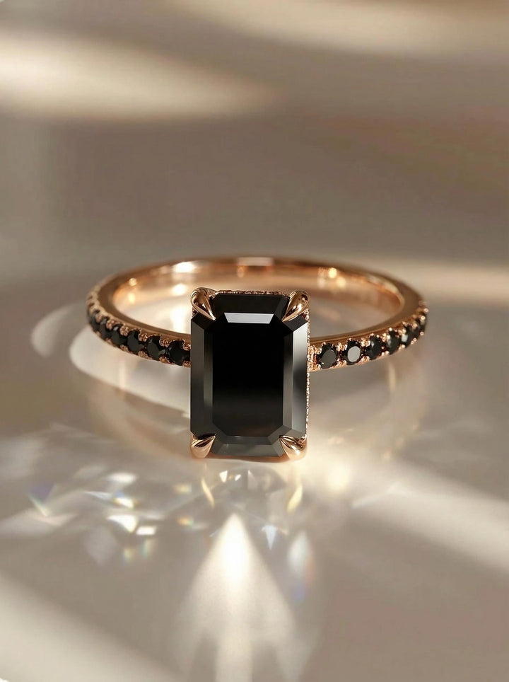 Emerald Cut Black Onyx Ring, Unique Black Engagement Ring, Minimalist Black Gemstone Ring, Rose Gold Onyx Ring, Alternative Bridal Ring