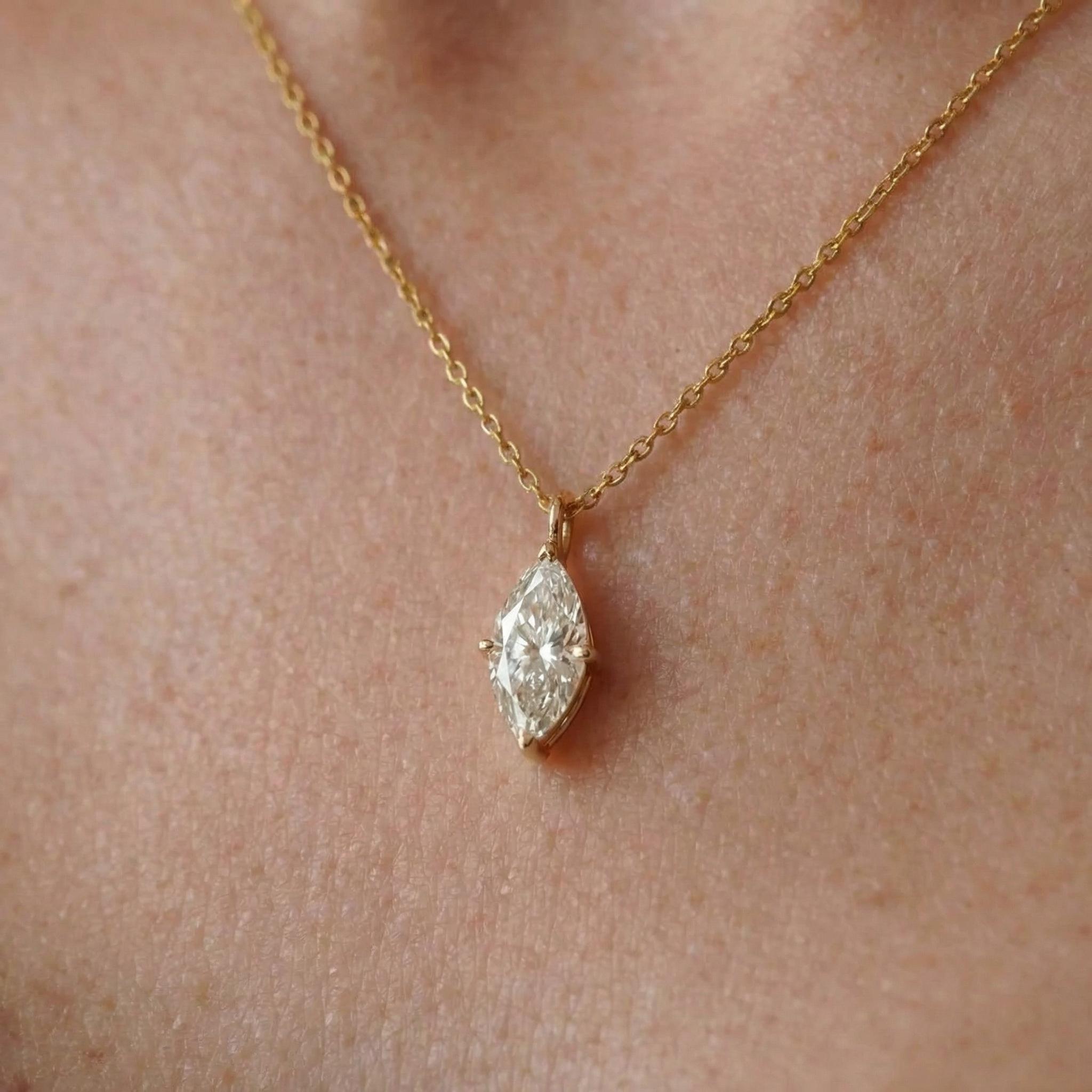 Delicate Marquise Diamond Solitaire Necklace 14k Gold Minimalist Pendant | Elegant Dainty Wedding Anniversary Gift for Her