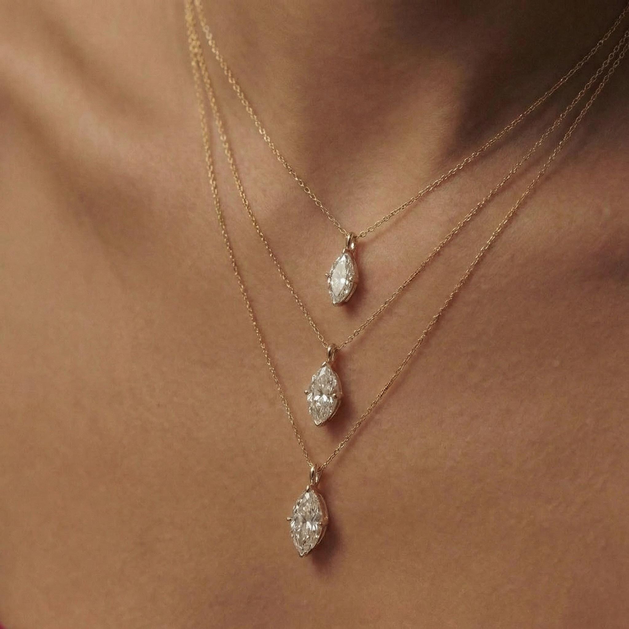 Delicate Marquise Diamond Solitaire Necklace 14k Gold Minimalist Pendant | Elegant Dainty Wedding Anniversary Gift for Her