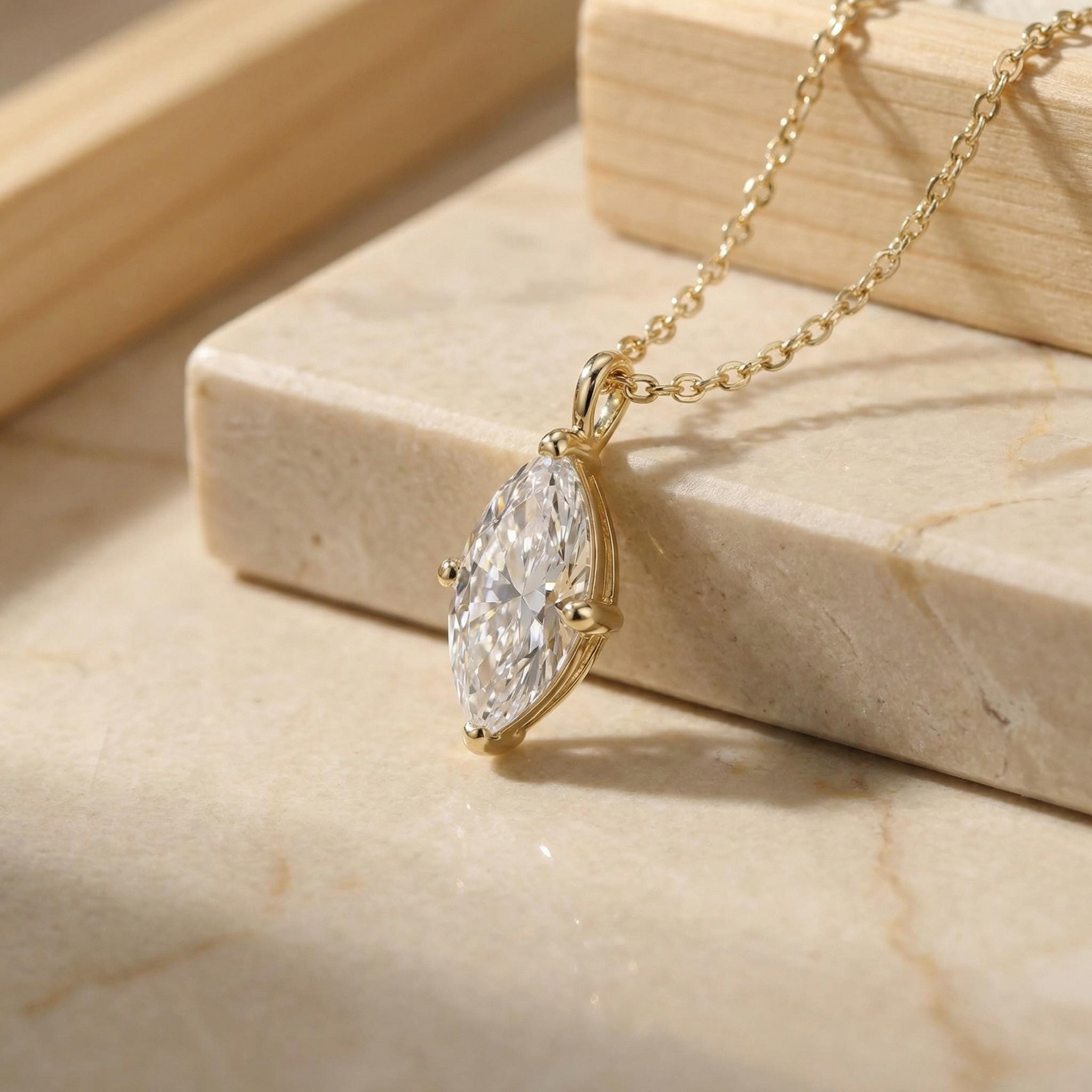 Delicate Marquise Diamond Solitaire Necklace 14k Gold Minimalist Pendant | Elegant Dainty Wedding Anniversary Gift for Her