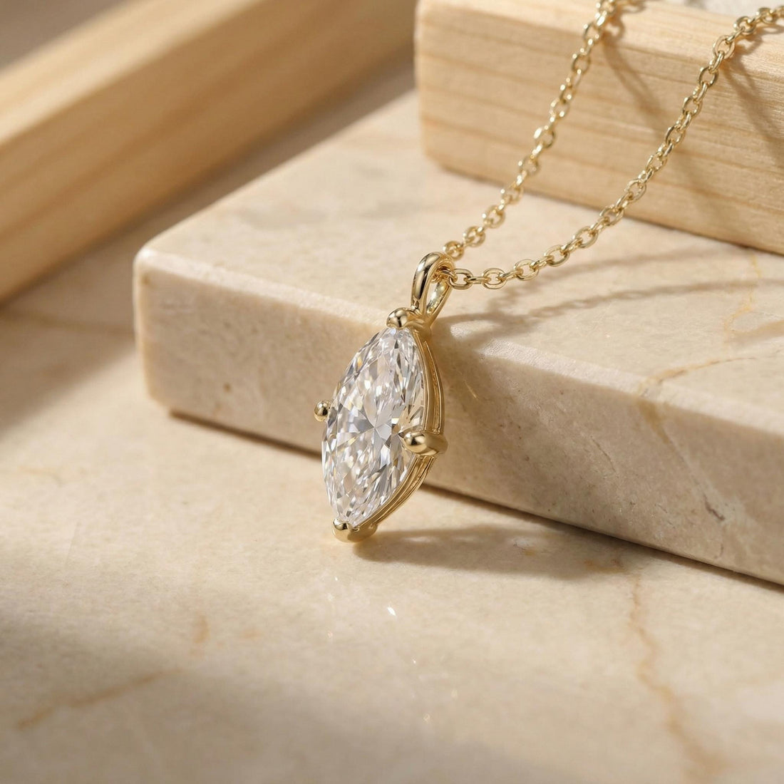 Delicate Marquise Diamond Solitaire Necklace 14k Gold Minimalist Pendant | Elegant Dainty Wedding Anniversary Gift for Her
