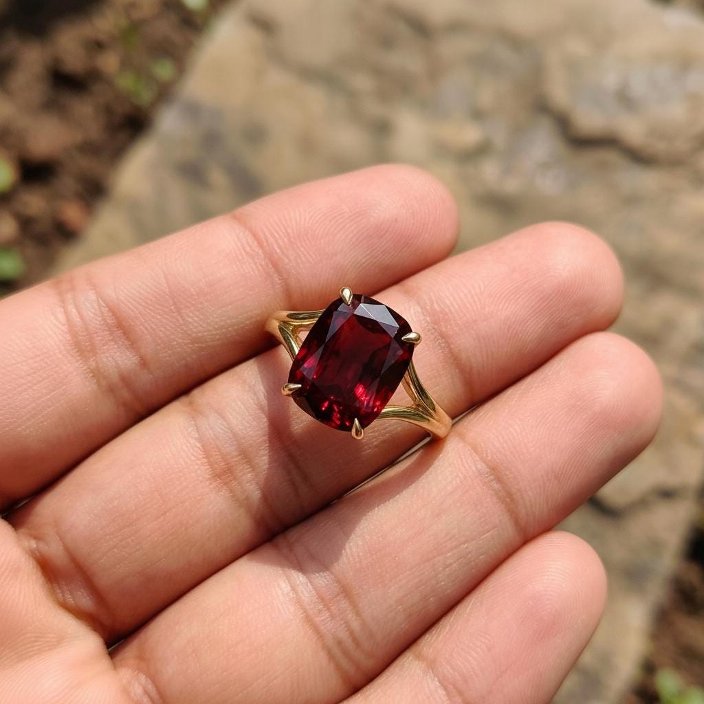 Cushion Cut Garnet Engagement Ring, Modern Split Shank Solitaire, Vintage Inspired Anniversary Gift for Her, Red Stone Solitaire Jewelry