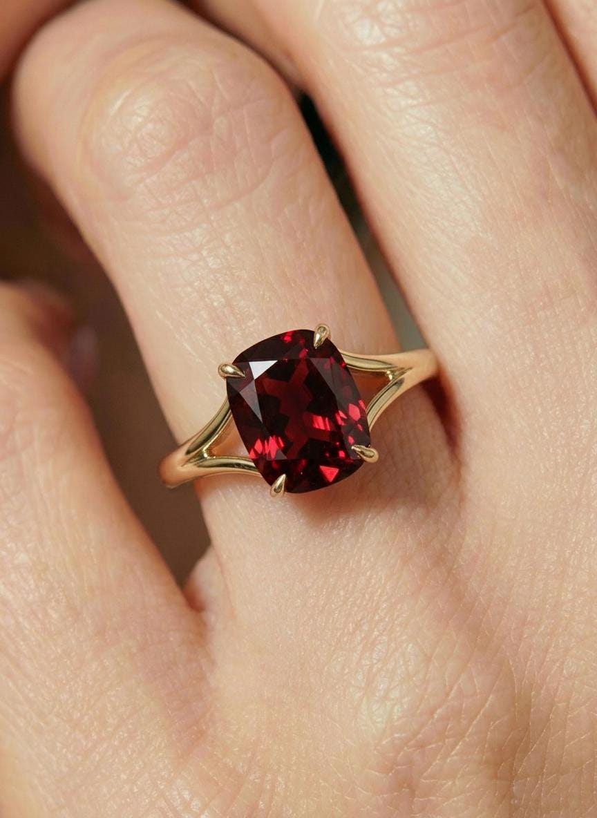 Cushion Cut Garnet Engagement Ring, Modern Split Shank Solitaire, Vintage Inspired Anniversary Gift for Her, Red Stone Solitaire Jewelry