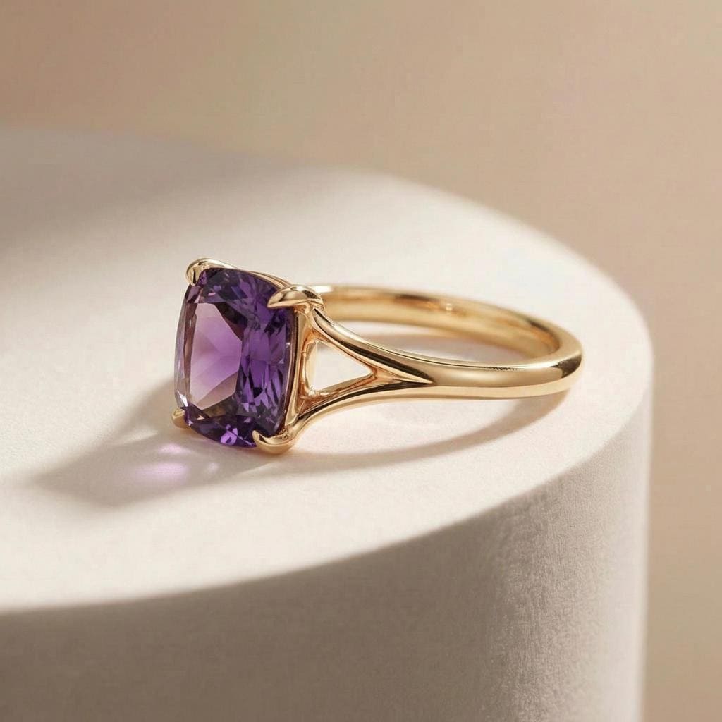 Cushion Cut Amethyst Engagement Ring, Modern Split Shank Solitaire, Vintage Inspired Anniversary Gift for Her – February Birthstone Jewelry