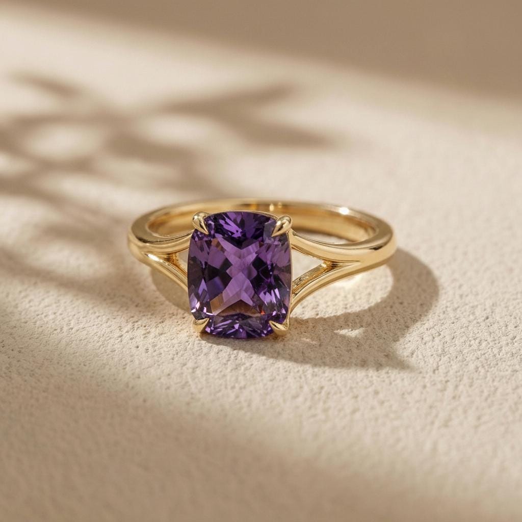 Cushion Cut Amethyst Engagement Ring, Modern Split Shank Solitaire, Vintage Inspired Anniversary Gift for Her – February Birthstone Jewelry