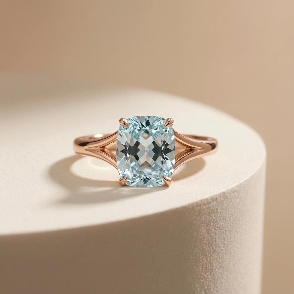 Cushion Cut Aquamarine Engagement Ring, Modern Split Shank Solitaire, Vintage Inspired Graduation Birthstone Ring – March Birthstone Jewelry