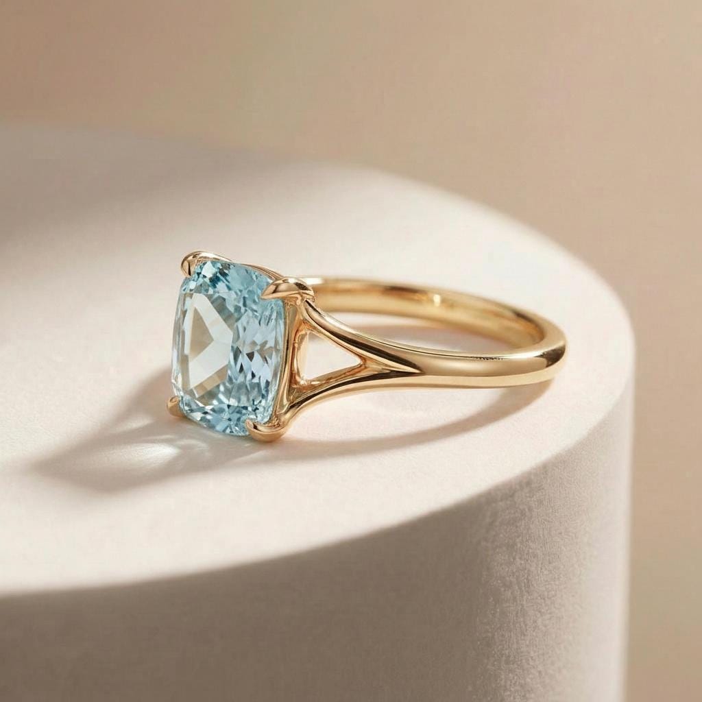 Cushion Cut Aquamarine Engagement Ring, Modern Split Shank Solitaire, Vintage Inspired Graduation Birthstone Ring – March Birthstone Jewelry