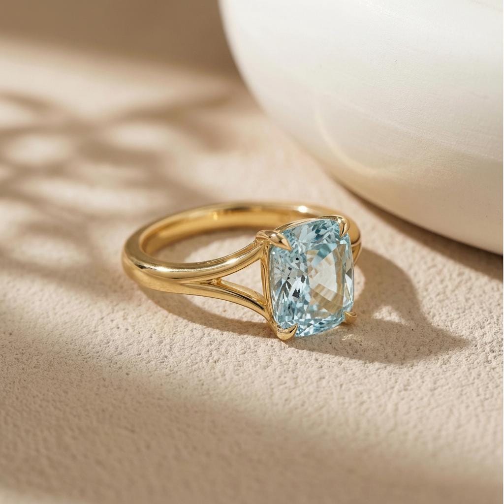 Cushion Cut Aquamarine Engagement Ring, Modern Split Shank Solitaire, Vintage Inspired Graduation Birthstone Ring – March Birthstone Jewelry