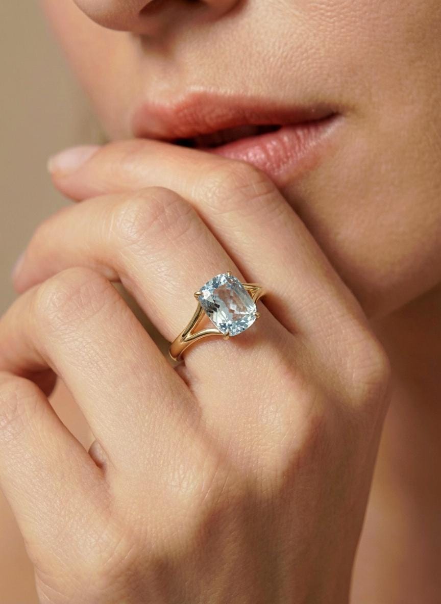 Cushion Cut Aquamarine Engagement Ring, Modern Split Shank Solitaire, Vintage Inspired Graduation Birthstone Ring – March Birthstone Jewelry